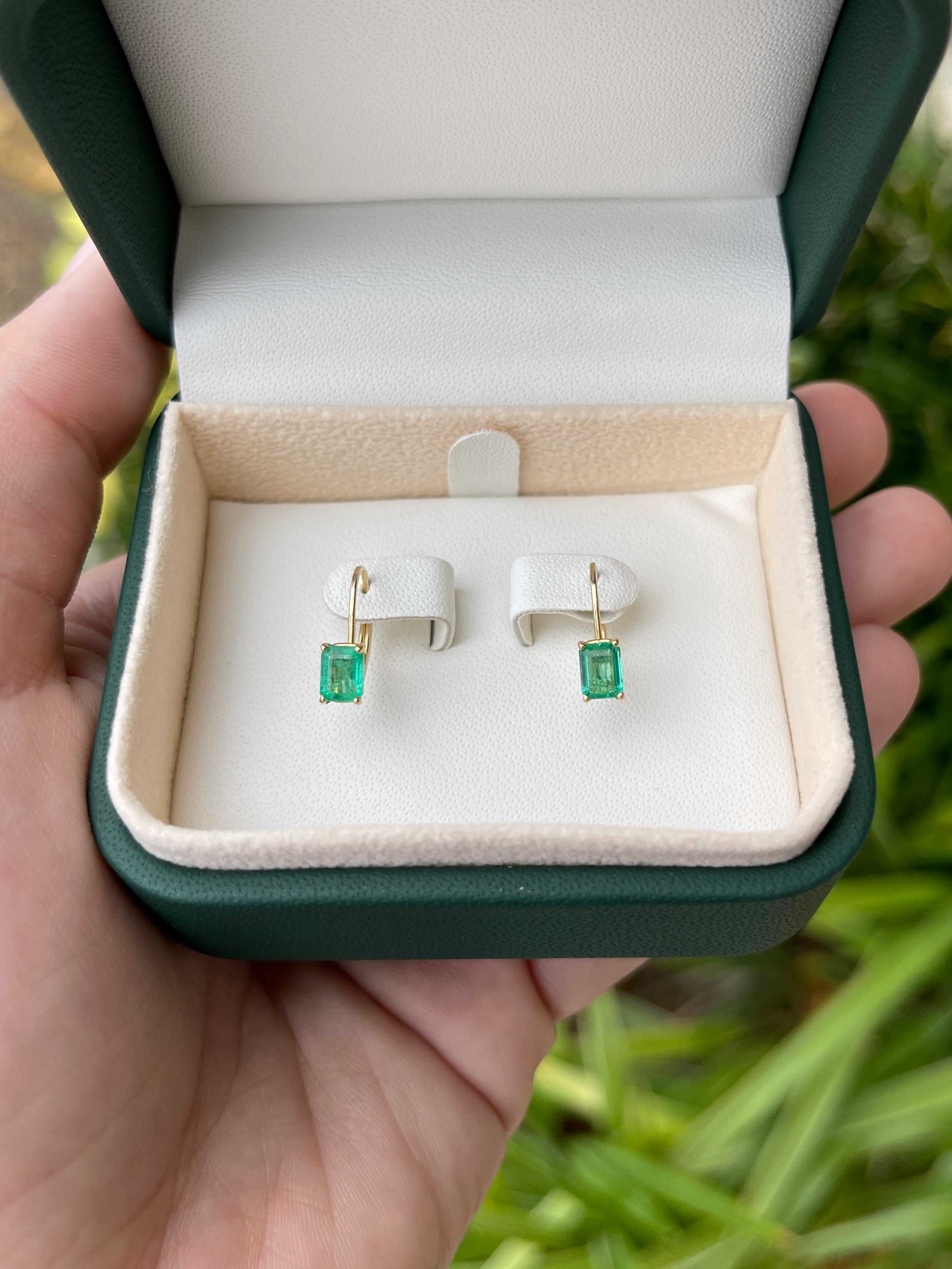 14K Gold Emerald Cut Natural Emerald Lever Back Earrings - 1.50tcw Prong Set for Wedding, Party & Special Occasions