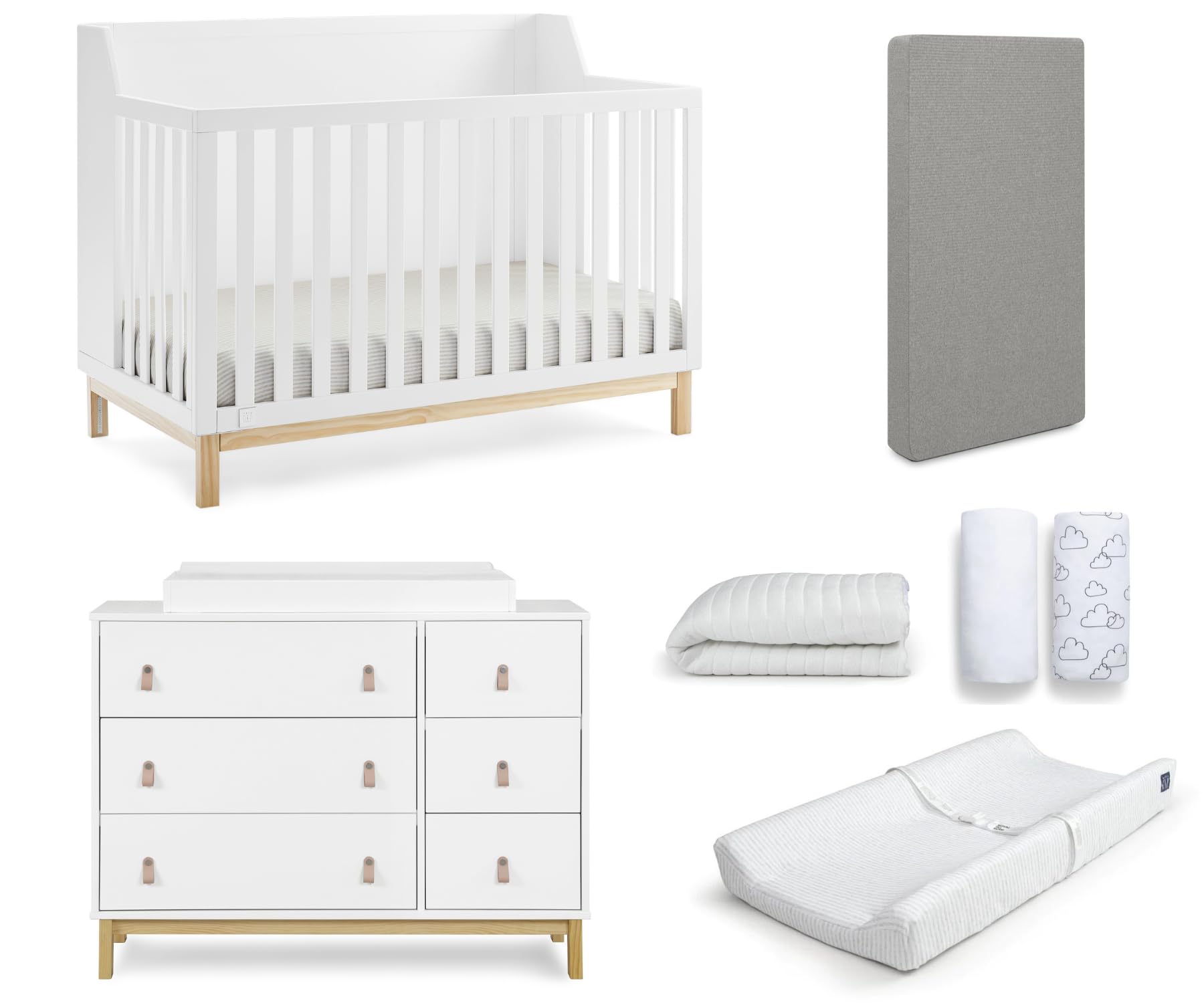 GAP BabyGap Oxford 7-Piece Nursery Furniture Set - Convertible Crib, 6-Drawer Dresser, Changing Table, Mattress & Accessories in Bianca White/Natural - Perfect for Newborn & Toddler Bedrooms