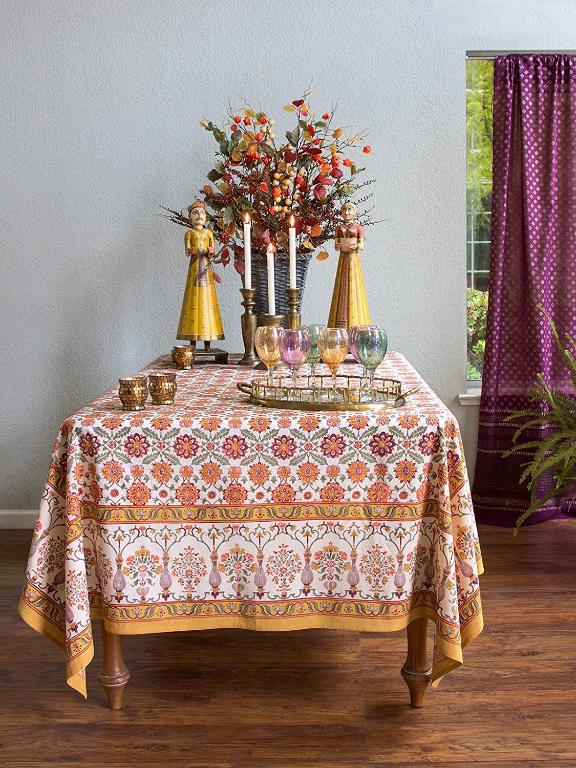 Orange Blossom Rectangle Hand Block Printed Tablecloth - 100% Cotton Luxurious Washable Table Cover for Kitchen, Dining & Coffee Table (70x120 Inches) - Perfect for Home Decor, Parties & Special Occasions