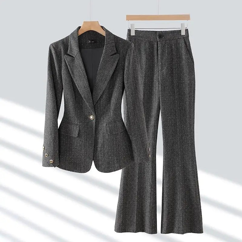 2024 Women's Gray Two-Piece Office Suit Set - Single Button Diamond Blazer & High Waist Wide Leg Pants | Fall Winter Workwear, Business Formal Attire, Professional Outfits for Women