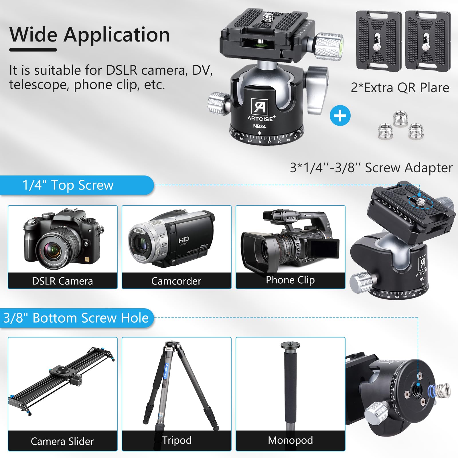 Professional 34mm Ball Low Profile Tripod Head with 2 Arca Swiss Quick Release Plates - CNC Aluminum 360° Rotating Panoramic Ball Head for DSLR Cameras, Monopods & Camcorders - Max Load 33.1lbs/15kg - Perfect for Photography, Videography & Travel Shooting