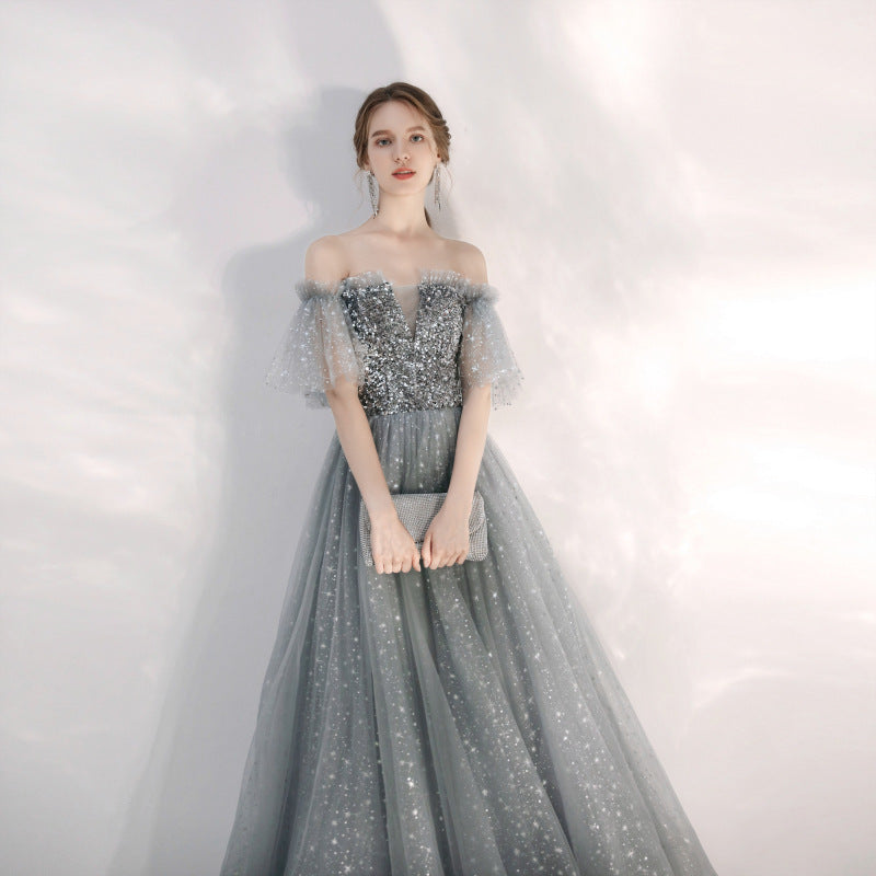 Elegant Off Shoulder Shiny Tulle Prom Dress - A-Line Long Formal Evening Gown for Homecoming, Quinceañera & Special Occasions | Style 674