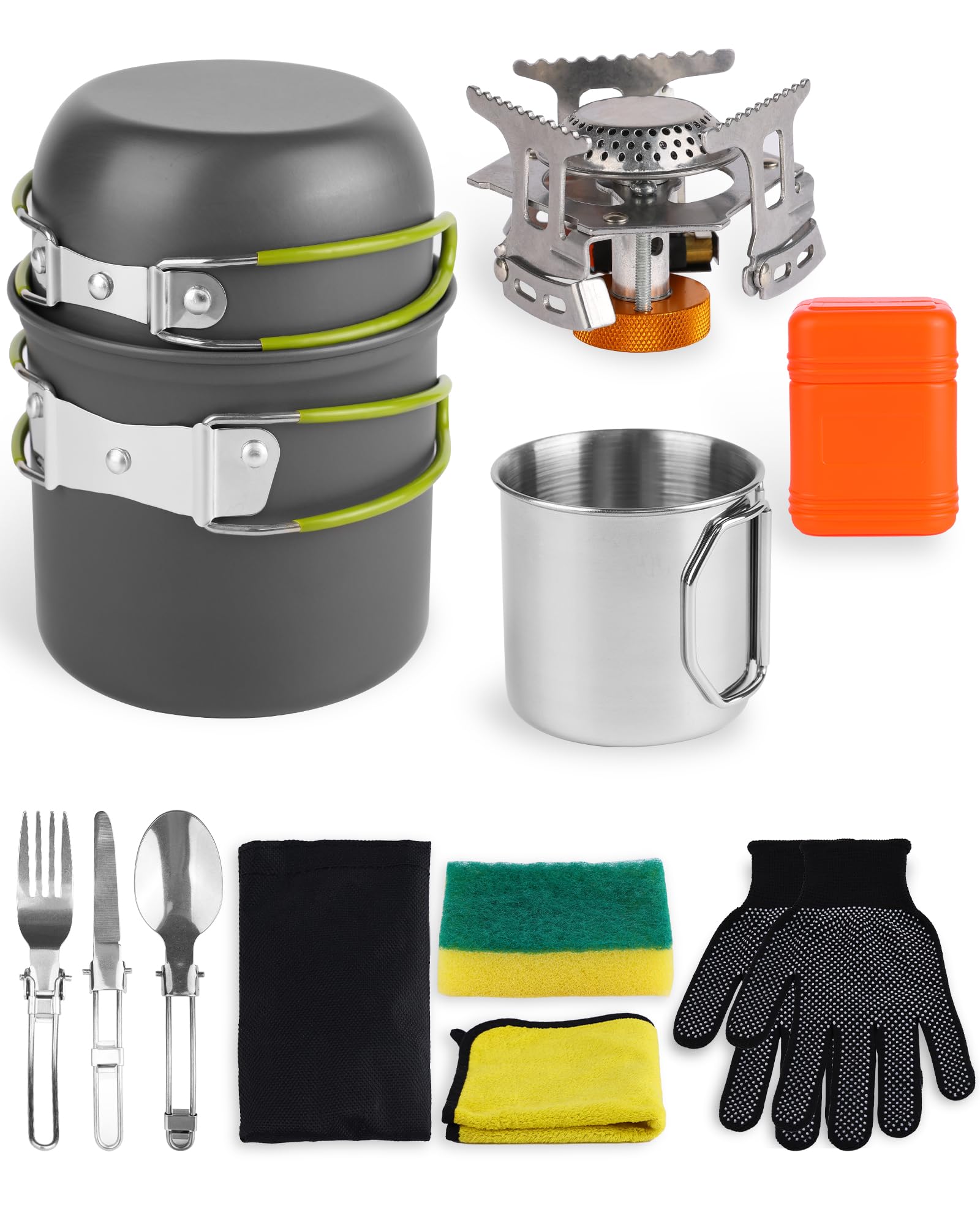 **Portable Camping Mess Kit - Lightweight Backpacking Cooking Set with Pot, Stove, Cup, Utensils & Cleaning Tools for Hiking, Picnic & Outdoor Adventures**