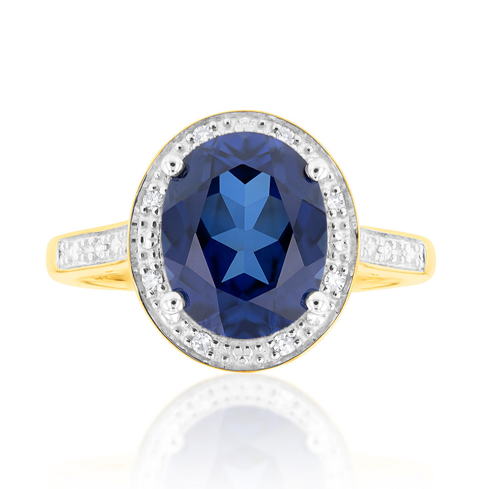 9ct Gold Created Sapphire & Diamond Ring for Women - Elegant Engagement, Wedding & Anniversary Jewelry Gift