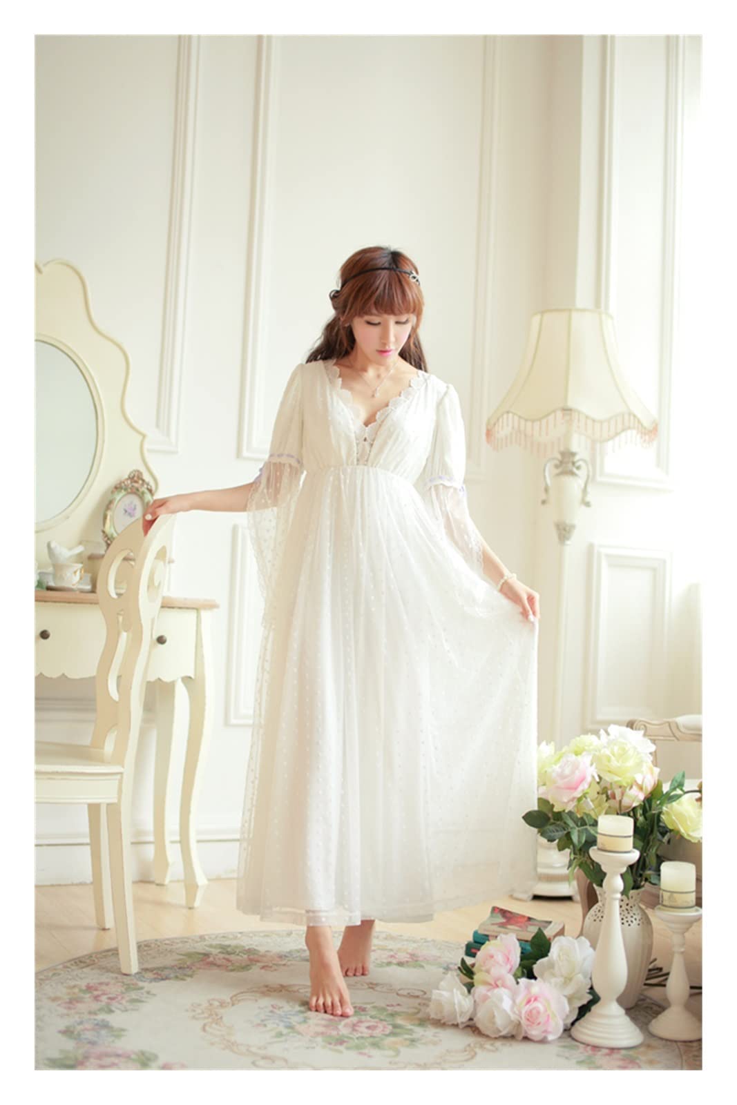 LHYLHY Women's Long Lace Soft Gauze Nightgown - Princess Style Sleepwear in Beige, Size S | Perfect for Relaxing at Home, Lounging & Comfortable Sleep