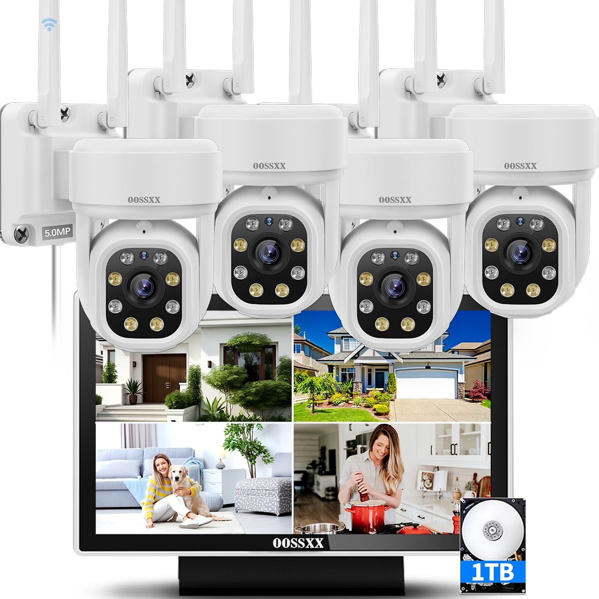 OOSSXX 5MP WiFi PTZ Outdoor Security Camera System with Auto-Tracking & 2-Way Audio, 10 Channel NVR Surveillance DVR Set - Wireless Pan-Tilt-Zoom Cameras for Home & Business Security Monitoring