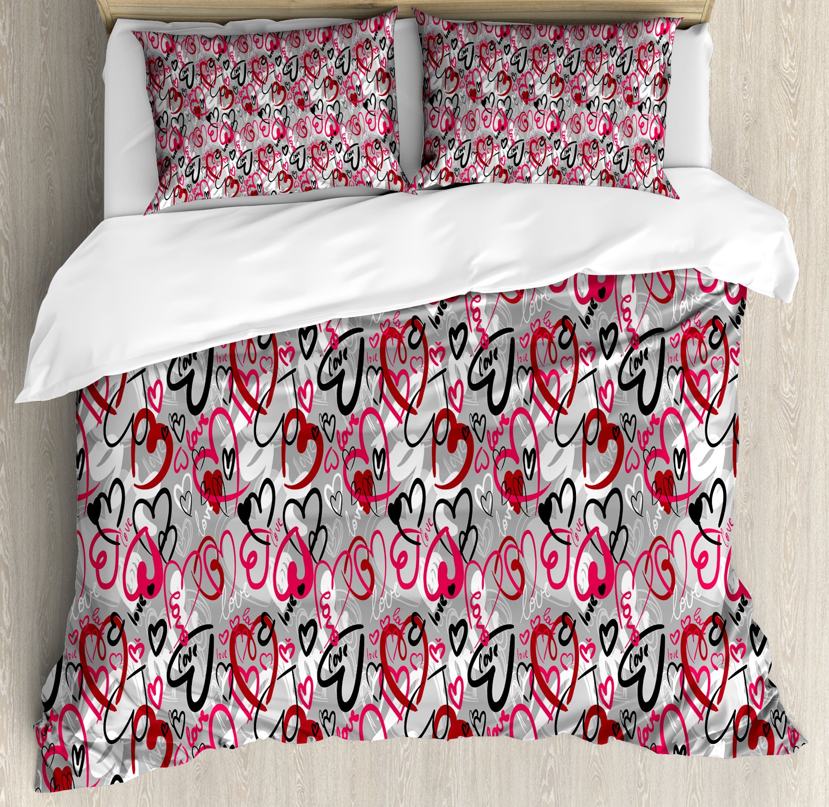 Ambesonne Romantic Love Duvet Cover Set - King Size 3-Piece Bedding with Hand-Drawn Hearts & Love Words in Grey Pink | Valentine's Day Gift, Couples Bedroom Decor, Cozy Master Bedroom Upgrade