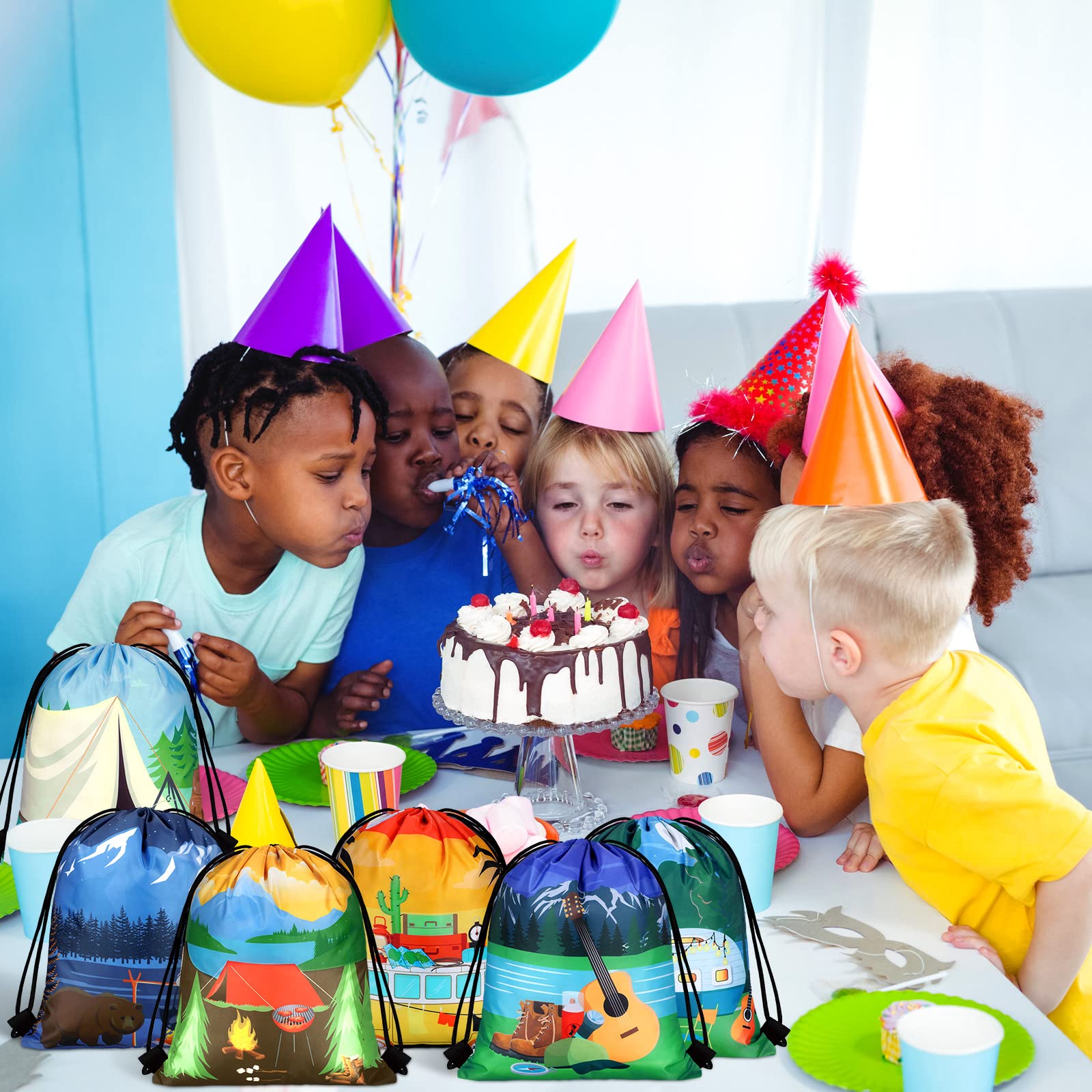 24-Piece Camping Party Favors Set - Adventure Themed Drawstring Bags for Kids, Candy Goodie Bags, Birthday Party Supplies & Outdoor Activities - Perfect for Camping Trips, School Events & Birthday Celebrations