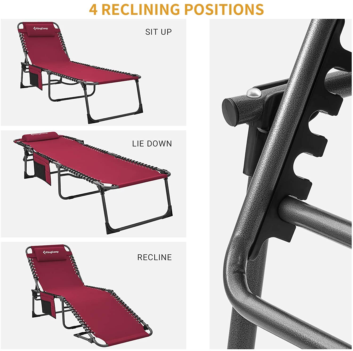 KingCamp Outdoor Chaise Lounge Chair - Foldable Patio Sun Chair for Camping, Beach, Pool & Garden - Heavy Duty, Lightweight & Portable with Adjustable Backrest & Pillow - Perfect for Sunbathing, Relaxing in Yard, Lawn or Backyard