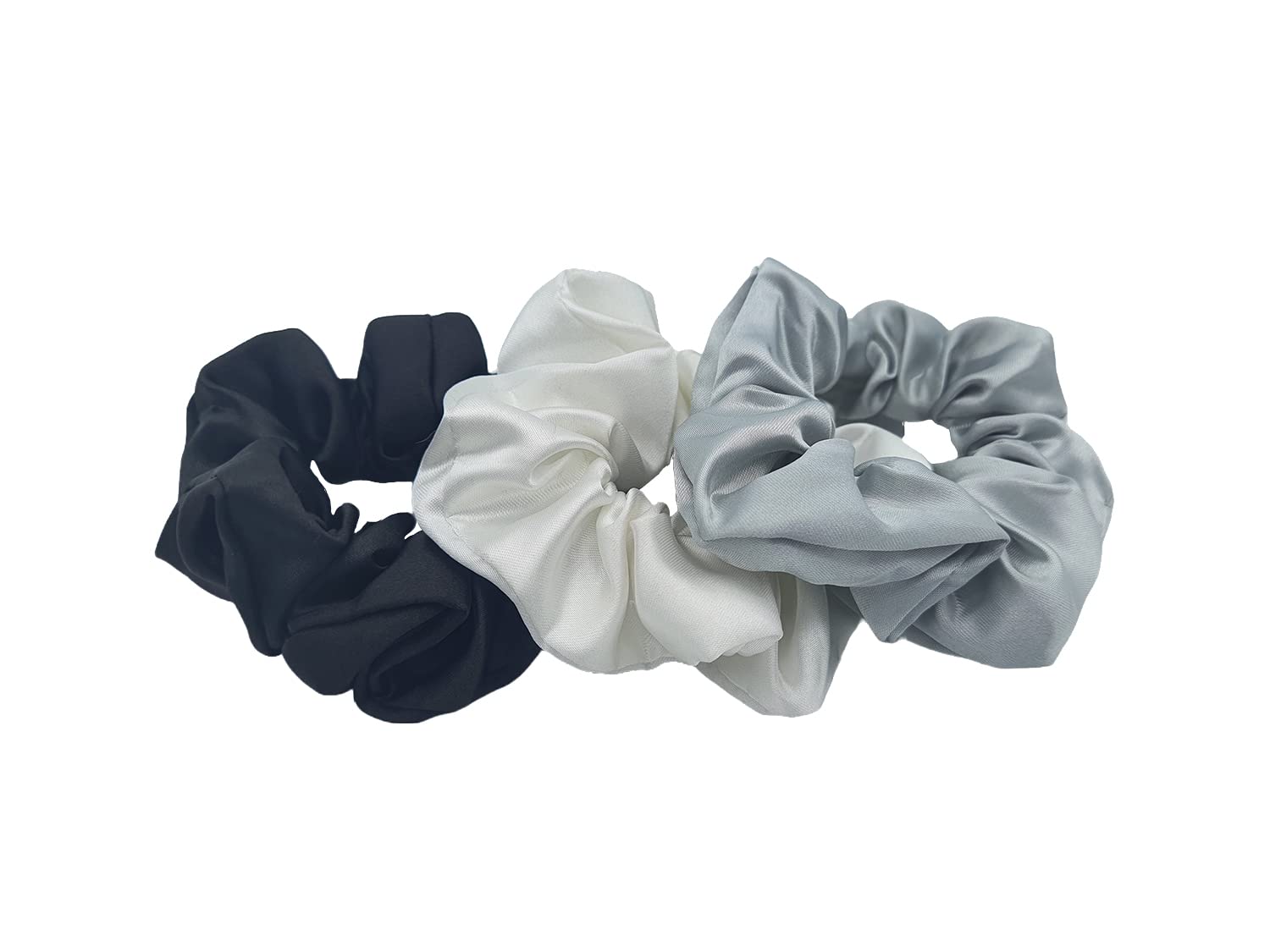 Ruti Label Pure Silk Satin Hair Scrunchies - 3 Pack (Black, White, Silver) - Soft Hair Ties & Bands for All Hair Types - Perfect for Work, Gym & Everyday Use