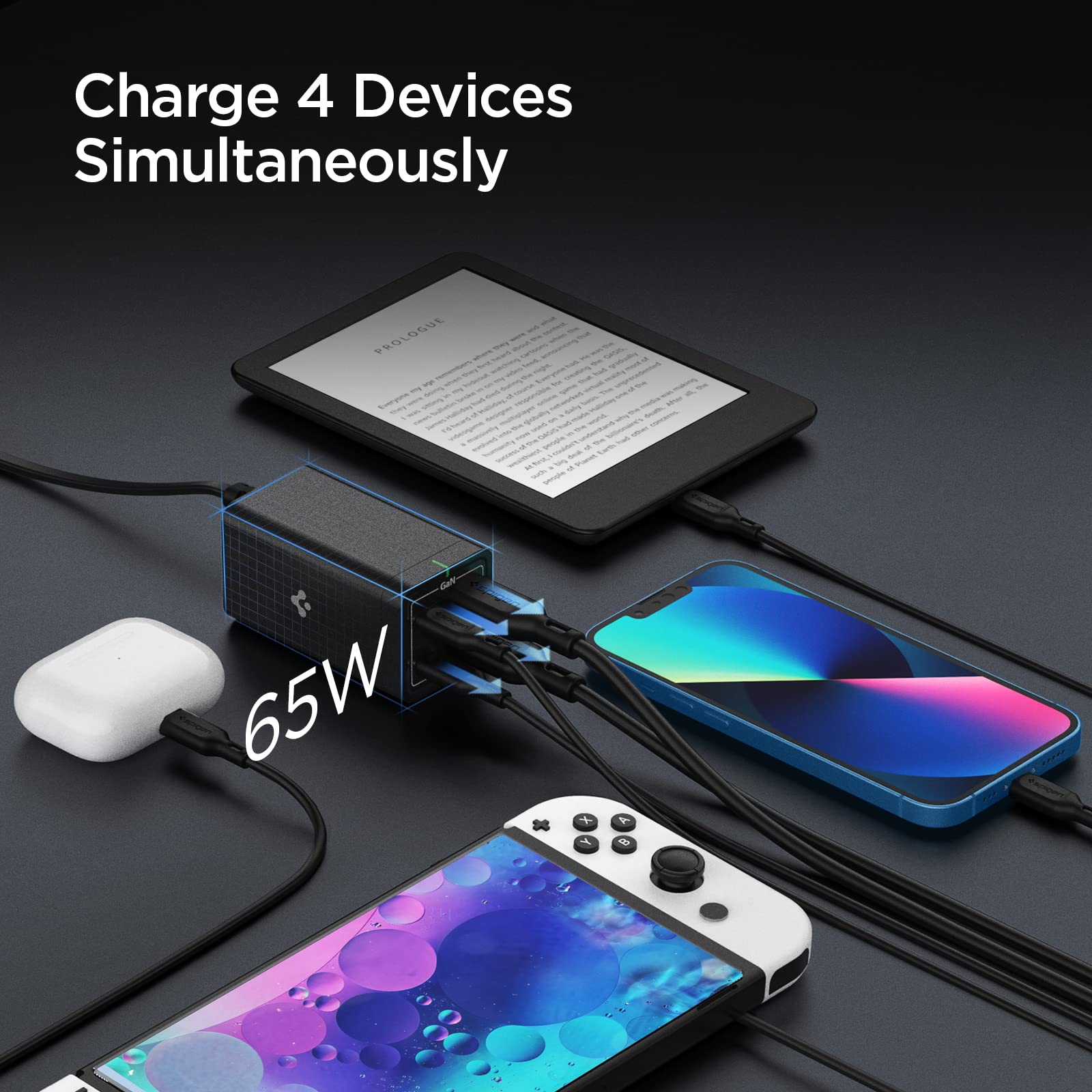 Spigen ArcDock 65W [GaN III] 4-Port USB C Charging Station - Fast PD Charger with USB-C & USB-A Ports - Includes 100W USB 4 Cable for MacBook Pro/Air, iPad, Laptops - Perfect for Home, Office & Travel Charging Needs