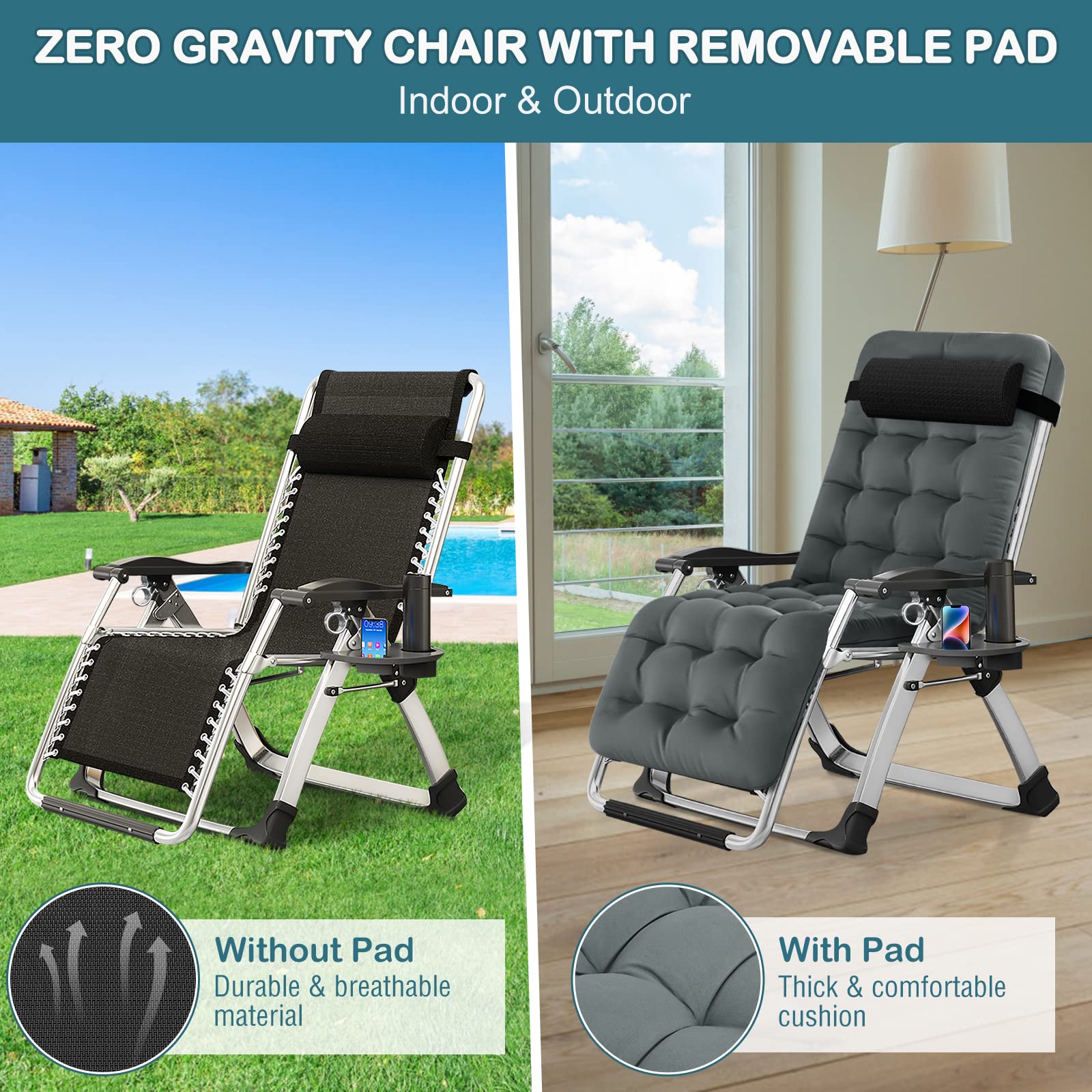 NAIZEA Zero Gravity Lounge Chair - Adjustable Folding Recliner with Cup Holder, Ergonomic Patio Chair for Indoor & Outdoor Use - Perfect for Backyard, Poolside, Camping and Relaxation