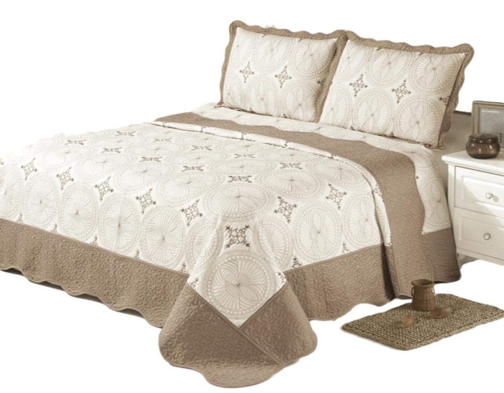 Queen Size 3-Piece Quilted Bedding Set - Embroidered Bedspread with 2 Pillow Shams (Brown) | Cozy & Elegant Bedroom Decor for Master Bedroom or Guest Room