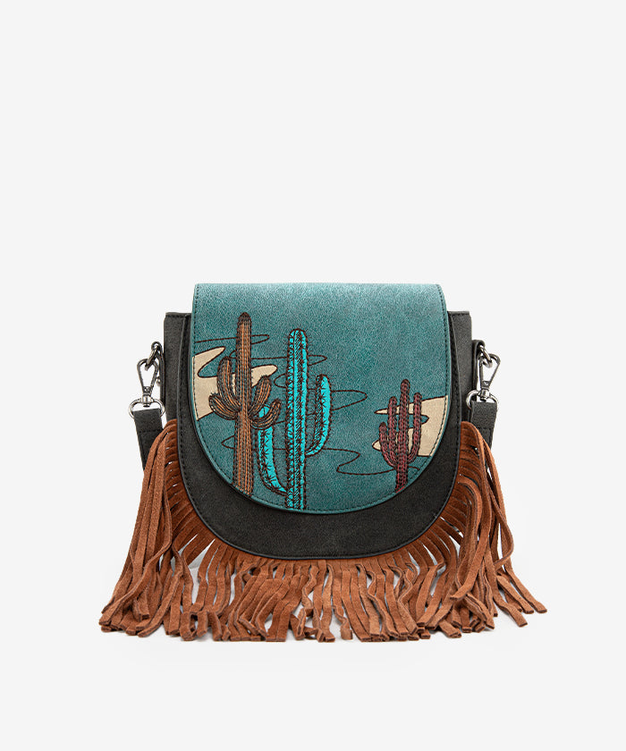 Montana West Cactus Embroidered Fringe Crossbody Bag for Women - Stylish Western Purse with Adjustable Strap - Perfect for Casual Outings, Music Festivals & Travel