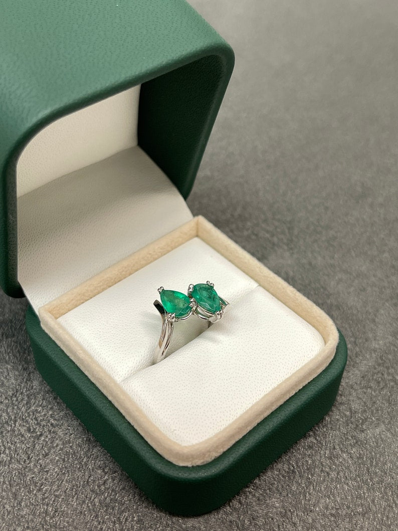1.70tcw Natural Emerald Pear Cut 14K White Gold Dual Statement Ring for Women - Elegant Jewelry Gift for Weddings, Anniversaries & Special Occasions