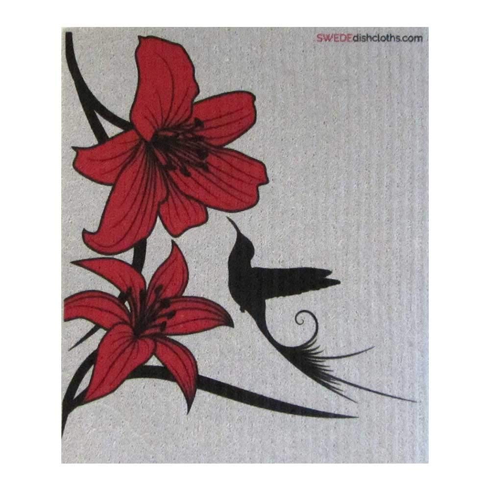 Eco-Friendly Swedish Dish Cloths Set of 3 - Reusable Cellulose Sponge Towels with Lily & Hummingbird Design for Kitchen Cleaning, Dishwashing, and Counter Wiping