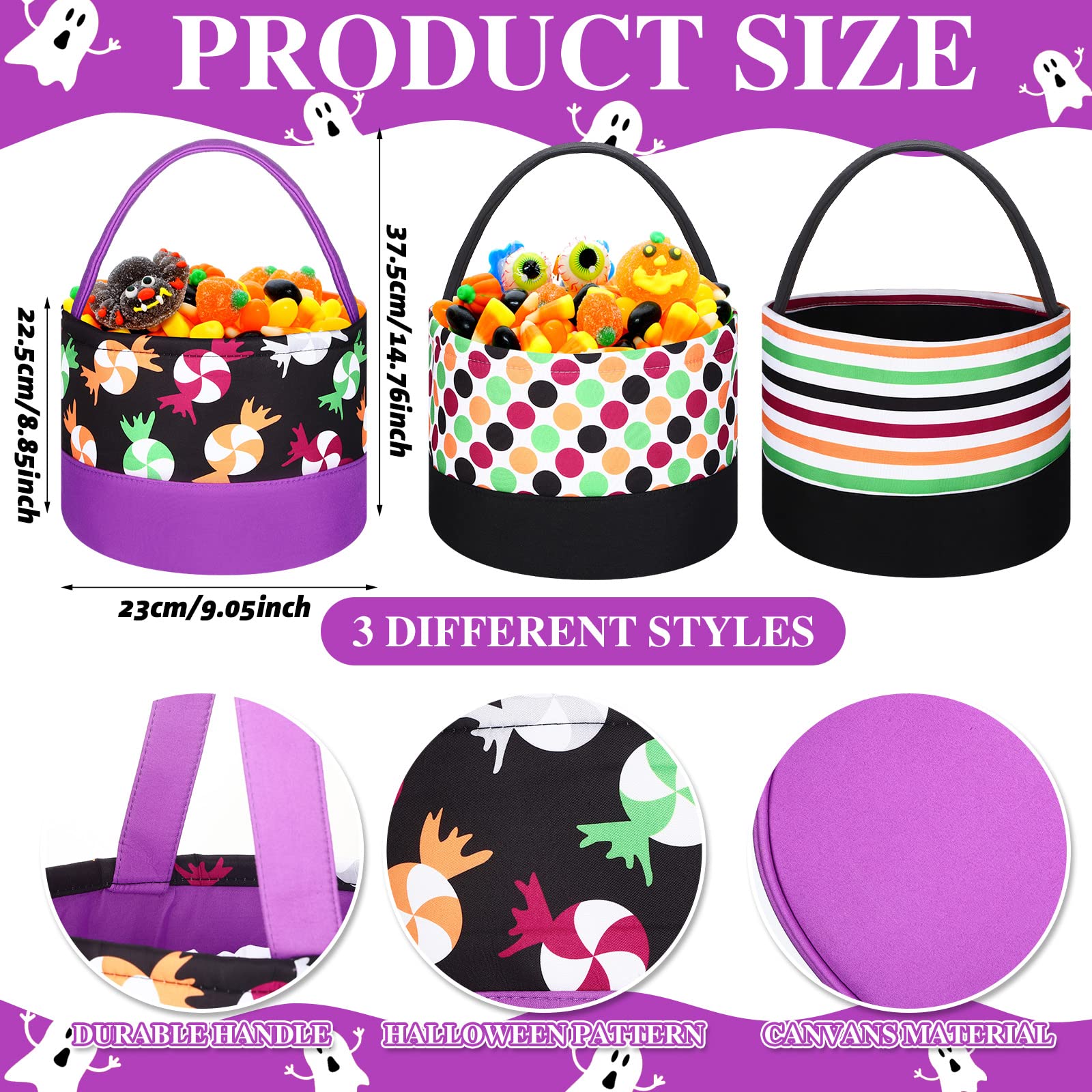 Kajaia 3-Piece Halloween Pumpkin Candy Buckets for Kids - Trick or Treat Bags, Halloween Party Favors & Goodie Baskets for Candy Collection & Festive Decorations
