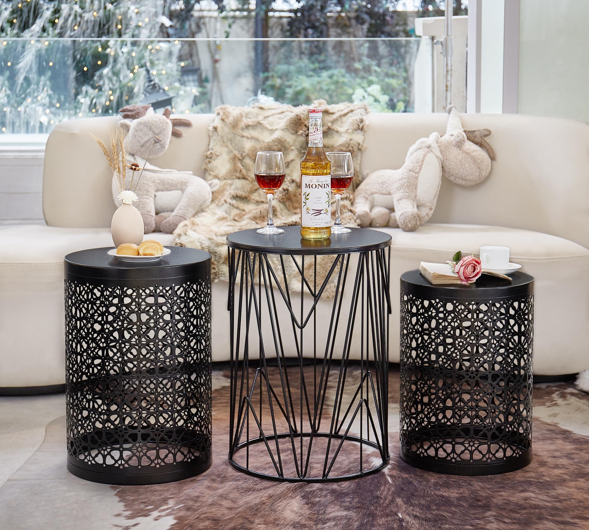Y&M Set of 3 Black Round Nesting Tables - Space Saving Coffee Table, End Table & Side Table for Living Room, Bedroom, Patio & Outdoor Garden - Carbon Black (Fast US Shipping) | Perfect for Small Spaces, Apartment Decor & Entertaining Guests