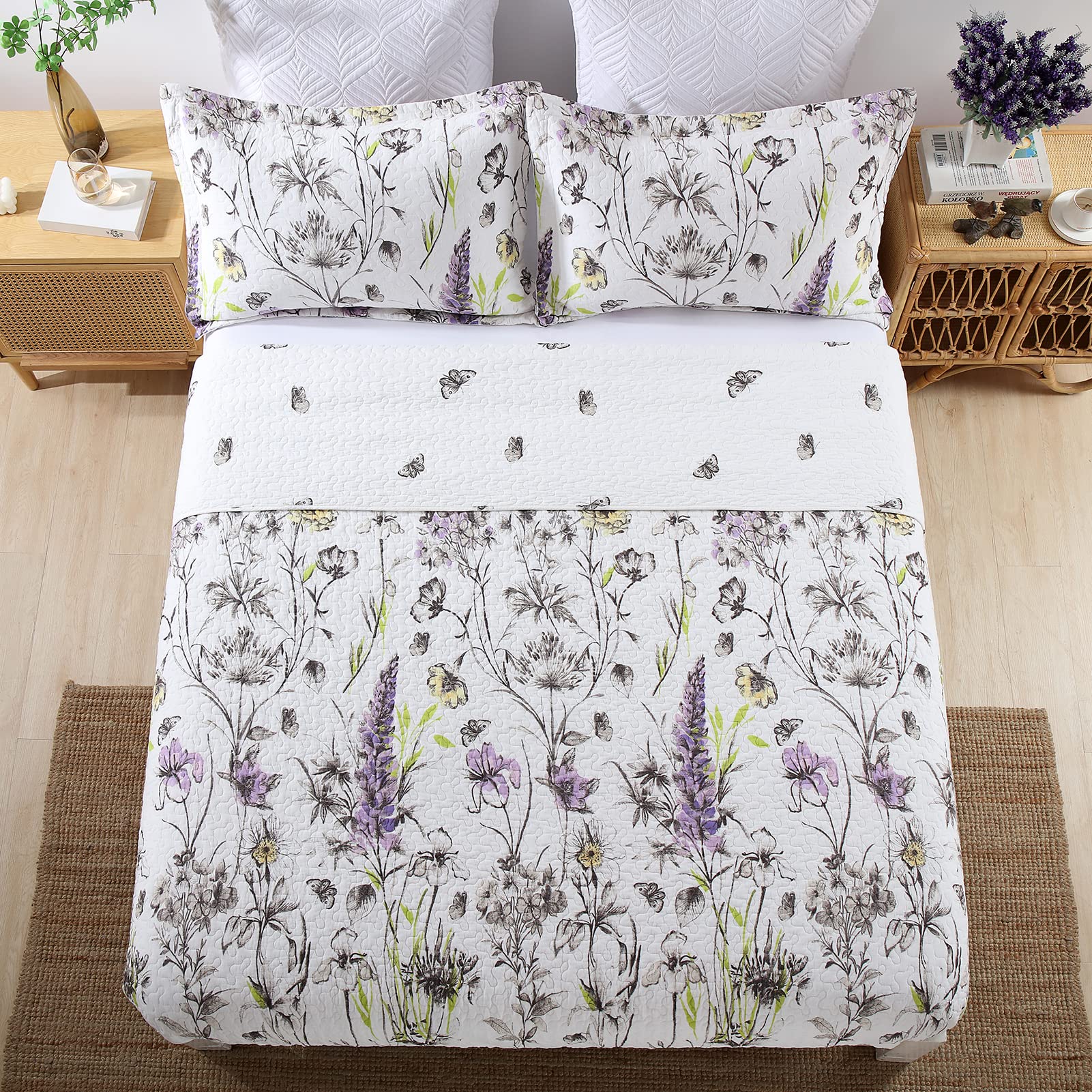 Y-PLWOMEN 100% Cotton King Size Floral Quilt Set - White Purple Lightweight Soft Bedspread for All Seasons (3-Piece) | Perfect for Master Bedroom, Guest Room & Cozy Home Decor