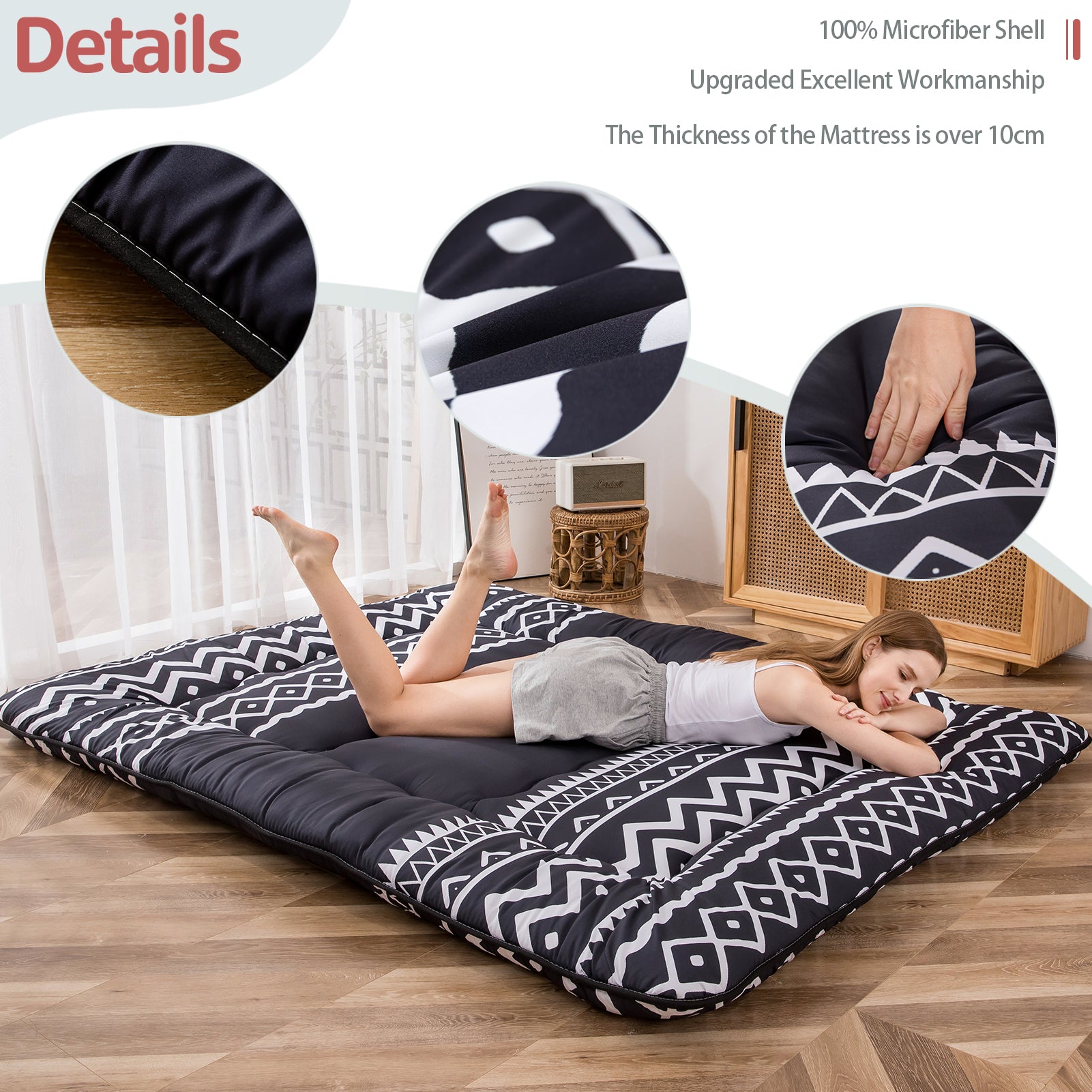 MAXYOYO Floor Mattress - Black Line Printed Futon Mattress for Adults & Kids | Easy to Clean Japanese Style Tatami Mattress | Perfect for Guest Beds, Camping & Yoga
