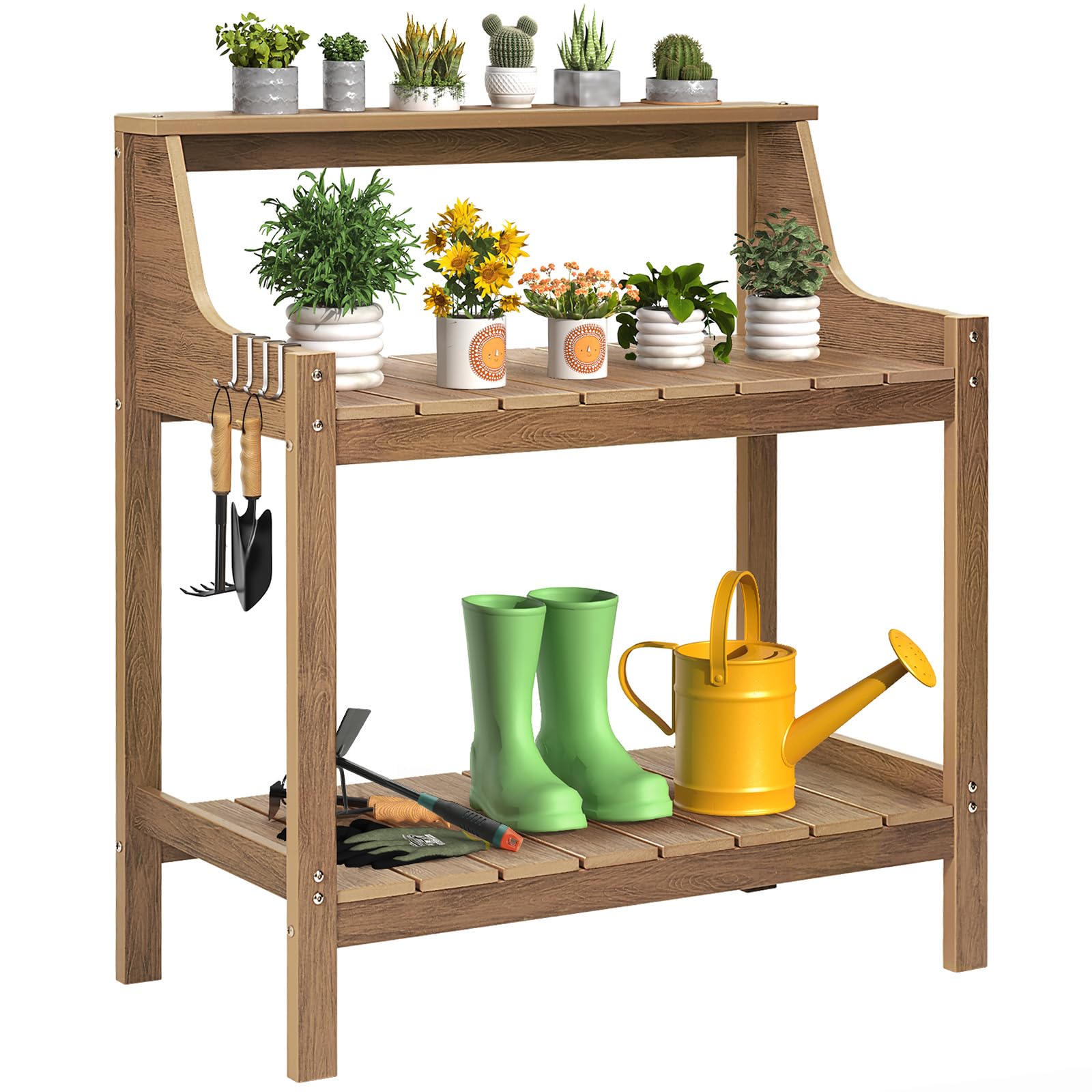 Heavy Duty Potting Bench with 4 Side Hooks - All-Weather Outdoor Garden Work Table, Rustproof & Fade-Resistant Teak Wood Potting Station for Porch, Patio or Greenhouse (360lbs Capacity, Large) - Perfect for Planting, Repotting & Gardening Tasks