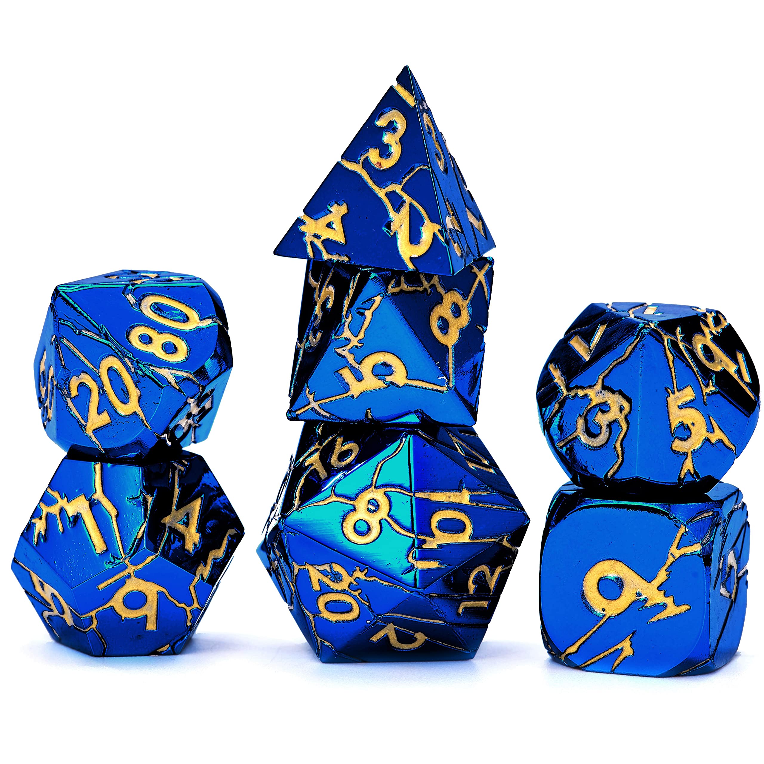 DND Metal Dice Set - Cracked Lightning Blue & Gold RPG Dice for Dungeons & Dragons - Premium Polyhedral D&D Dice with Unique Cracked Design - Perfect for Tabletop Gaming, RPG Campaigns & Collectors