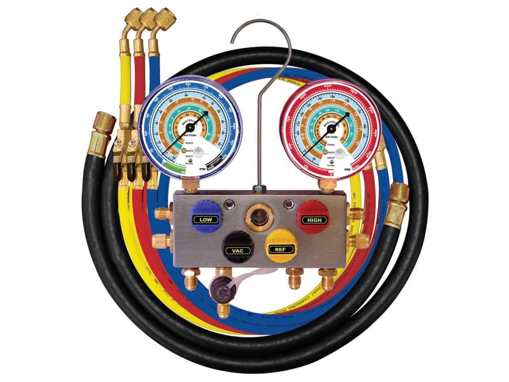 MASTERCOOL 4-Way HVAC Manifold Gauge Set (Model 96561) - Professional Refrigerant Charging Kit for AC & Refrigeration Systems - Perfect for HVAC Technicians & DIY Repairs