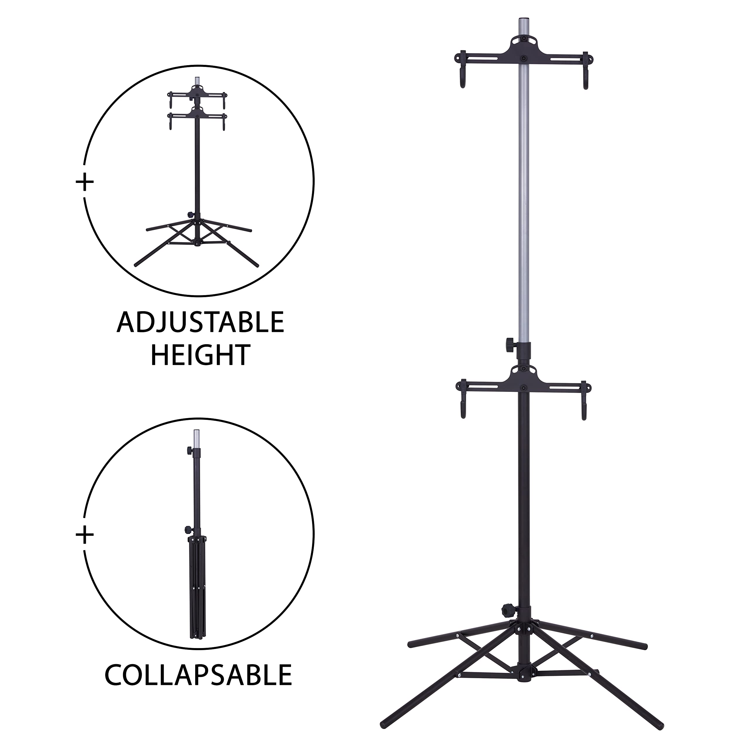 RaxGo Foldable Freestanding Bike Storage Rack for 2 Bikes - Adjustable Hook Floor Stand for Mountain & Road Bicycles - Space Saving Garage & Indoor Bike Organizer - Perfect for Home, Apartment & Small Spaces