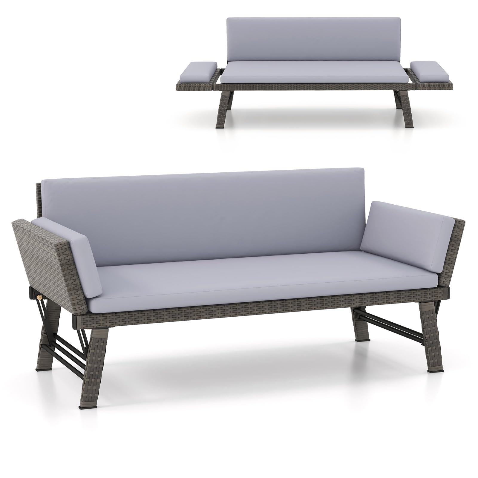Tangkula Outdoor Convertible Sofa Daybed with Adjustable Armrests - PE Rattan Patio Couch with Thick Cushions - Gray - Perfect for Porch, Balcony, Backyard & Poolside Relaxation