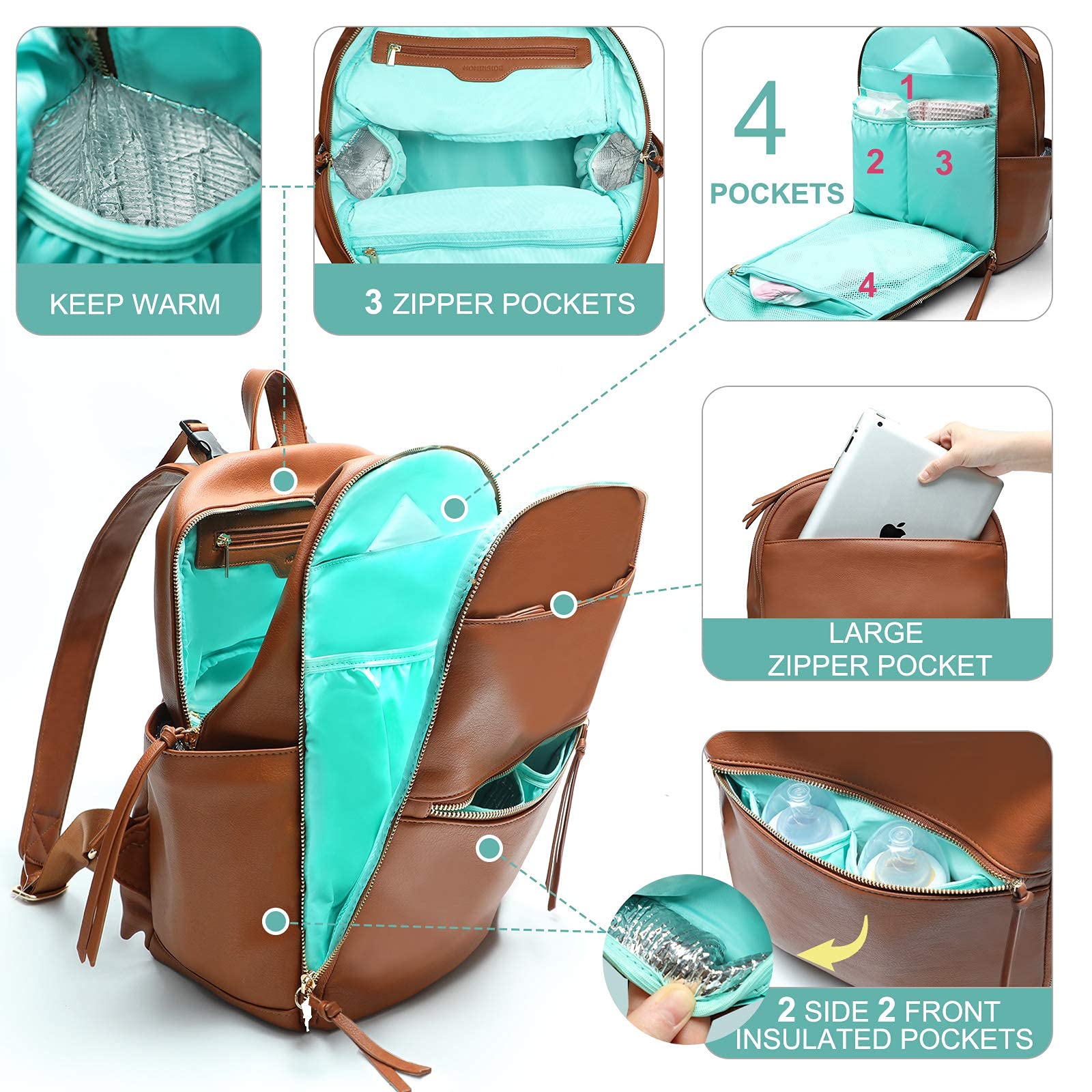Premium Leather Diaper Backpack for Moms & Dads - Large Capacity Baby Bag with 6 Insulated Pockets, Stroller Straps & Changing Station - Perfect for Travel, Daycare & Family Outings (Registry Gift Ready)