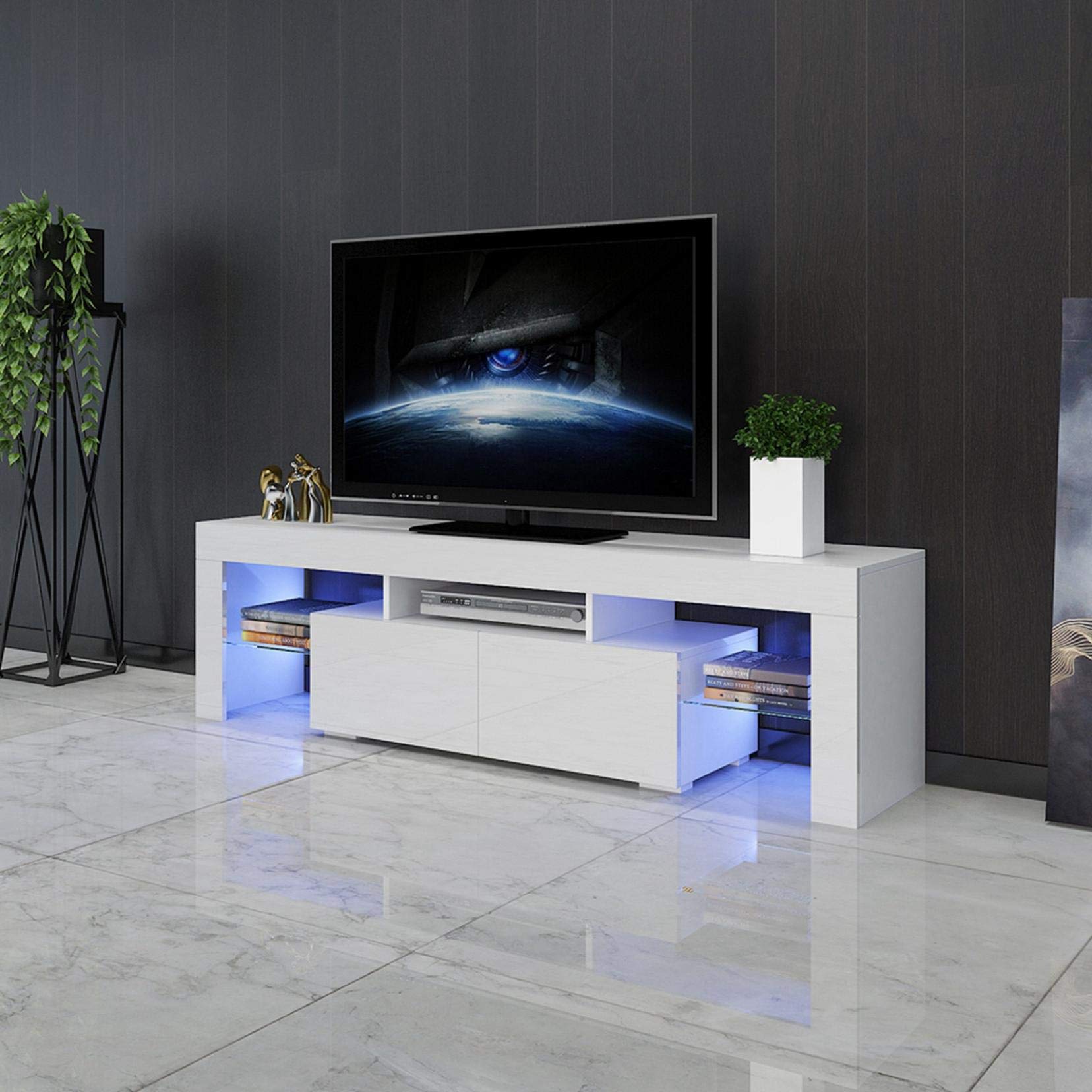 Modern Wooden TV Stand with High Gloss LED Lights for 43/55/50/65 Inch TVs - Retro Media Entertainment Center for Living Room (White) | Perfect for Home Theater Setup & Stylish Living Room Decor