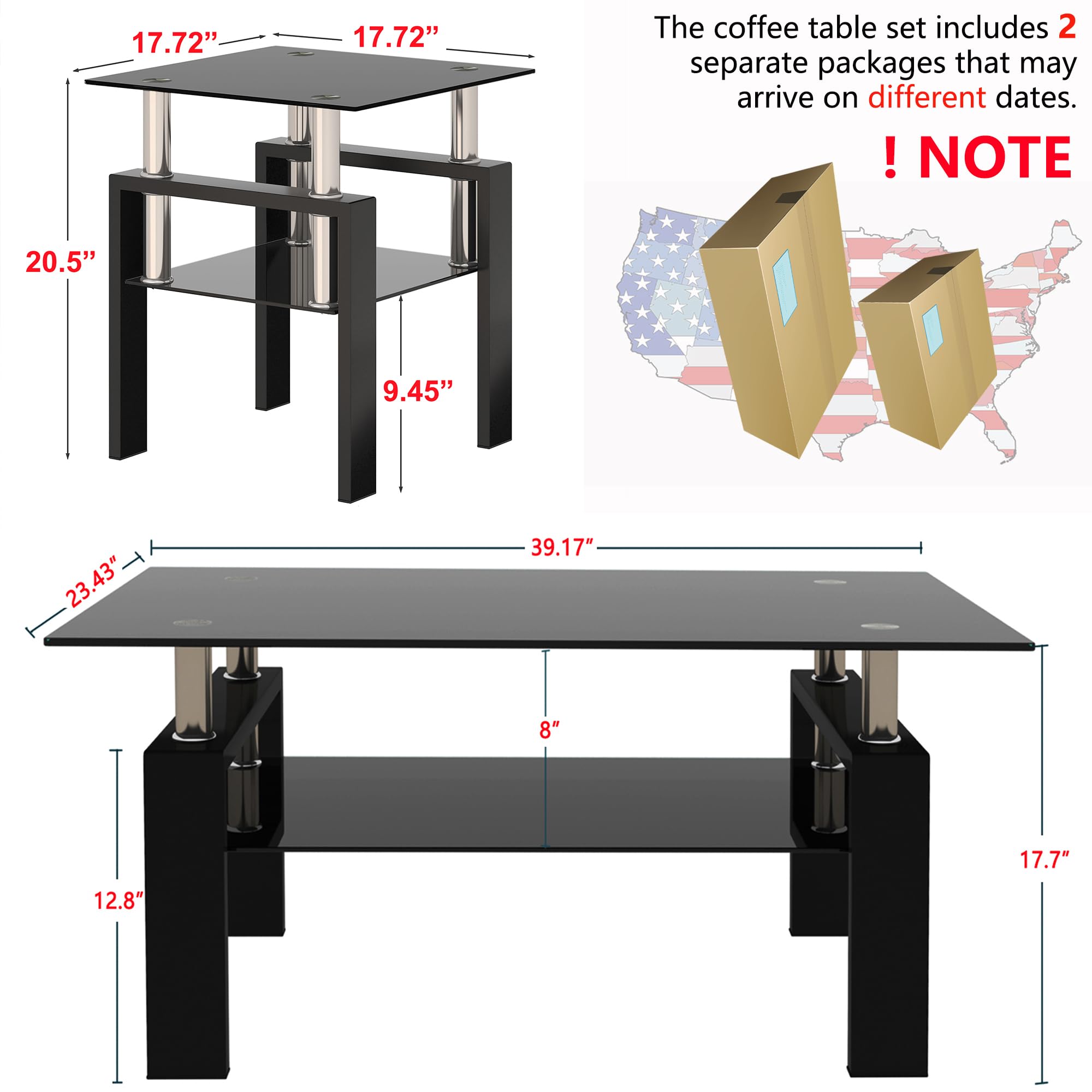 Modern 3-Piece Glass Coffee Table Set with Storage - Black Metal Leg Rectangle Tempered End & Side Tables for Living Room - Perfect for Small Spaces, Apartments & Home Decor (Black-B)