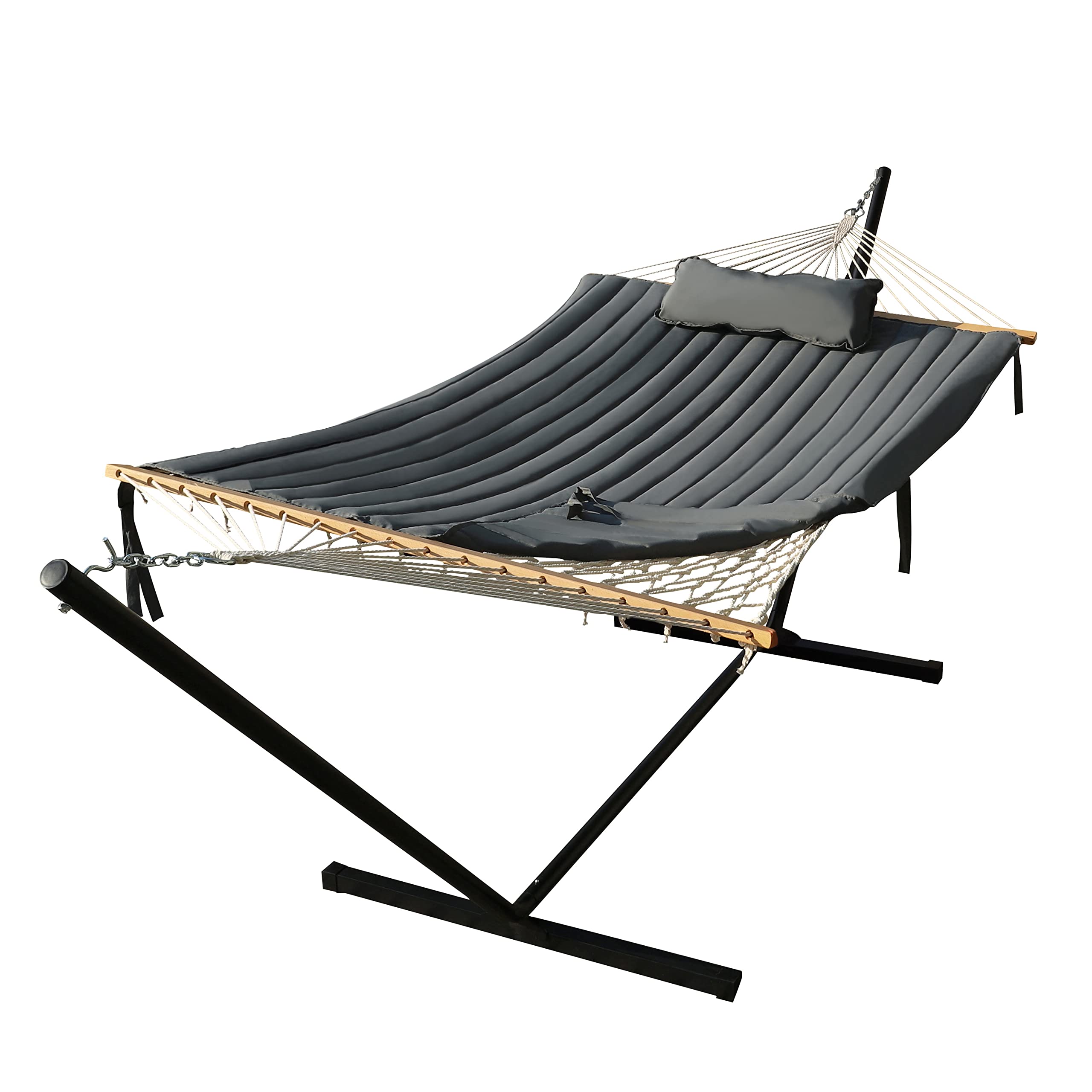 VEIKOU 2 Person Portable Hammock with Stand - Double Freestanding 12ft Hammock with Frame, Spreader Bars & Pillow - Grey - Perfect for Backyard, Camping & Beach Relaxation