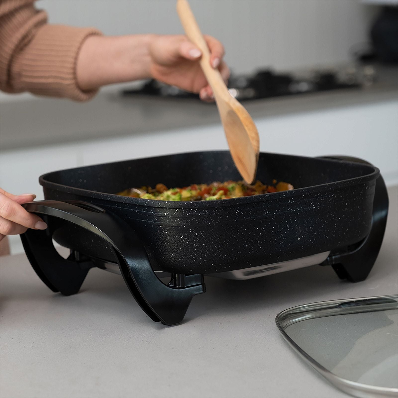 Stone Electric Fry Pan - Nonstick Skillet with Adjustable Temperature for Perfect Cooking - Ideal for Pancakes, Eggs, and Stir-Fry at Home