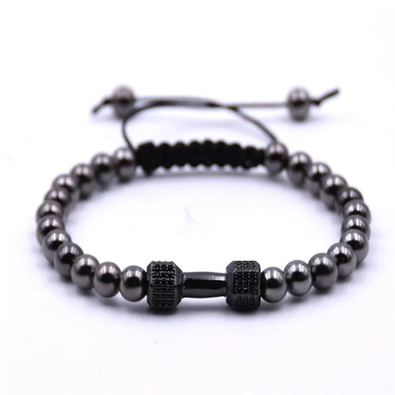 Black Hematite Beads Bracelet for Men - Fitness Prayer Dumbbell Bracelet with Macrame Barbell Design - Perfect for Workout, Meditation & Yoga Accessories