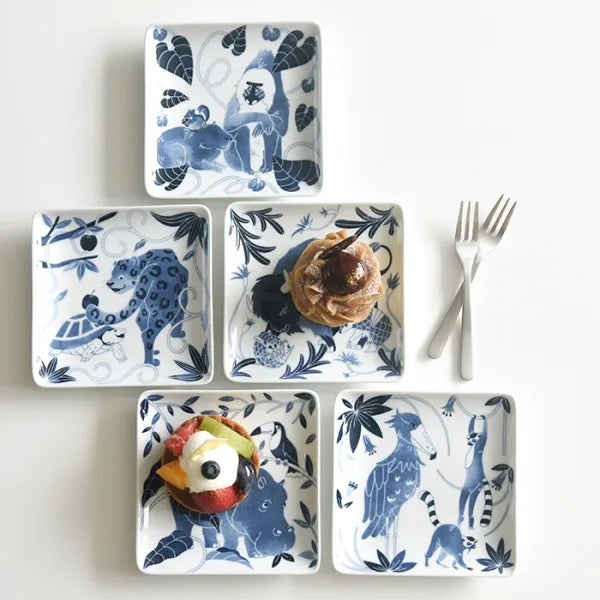Premium Japanese Hasami Yaki Square Small Plates - Set of 5 Animal Design Ceramic Dishes for Sushi, Desserts & Home Decor