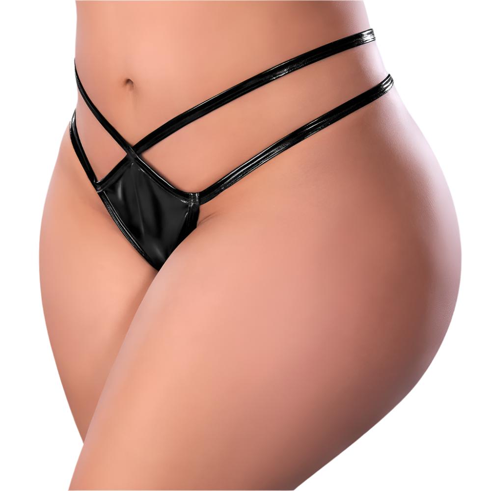 Sexy Exposed Liquid Onyx Wet Look Strappy Cutout Crotchless Thong for Women - Curvy Fit Lingerie for Sensual Nights & Boudoir Photography