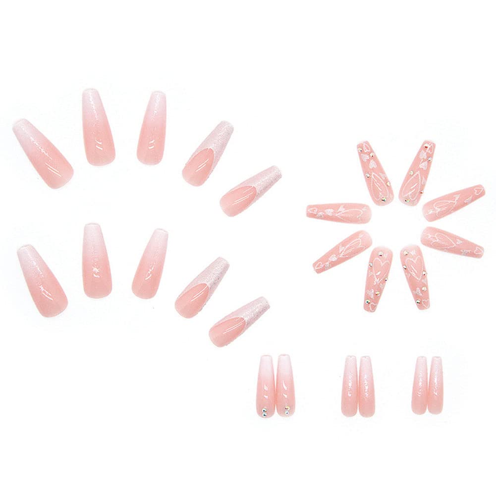 24Pcs Heart Pattern Press on Nails - Long Coffin Fake Nails with Glitter & Glossy Finish - Ballerina Clip on Full Cover False Nails for Women & Girls - Perfect for Parties, Weddings, Date Nights & Special Occasions