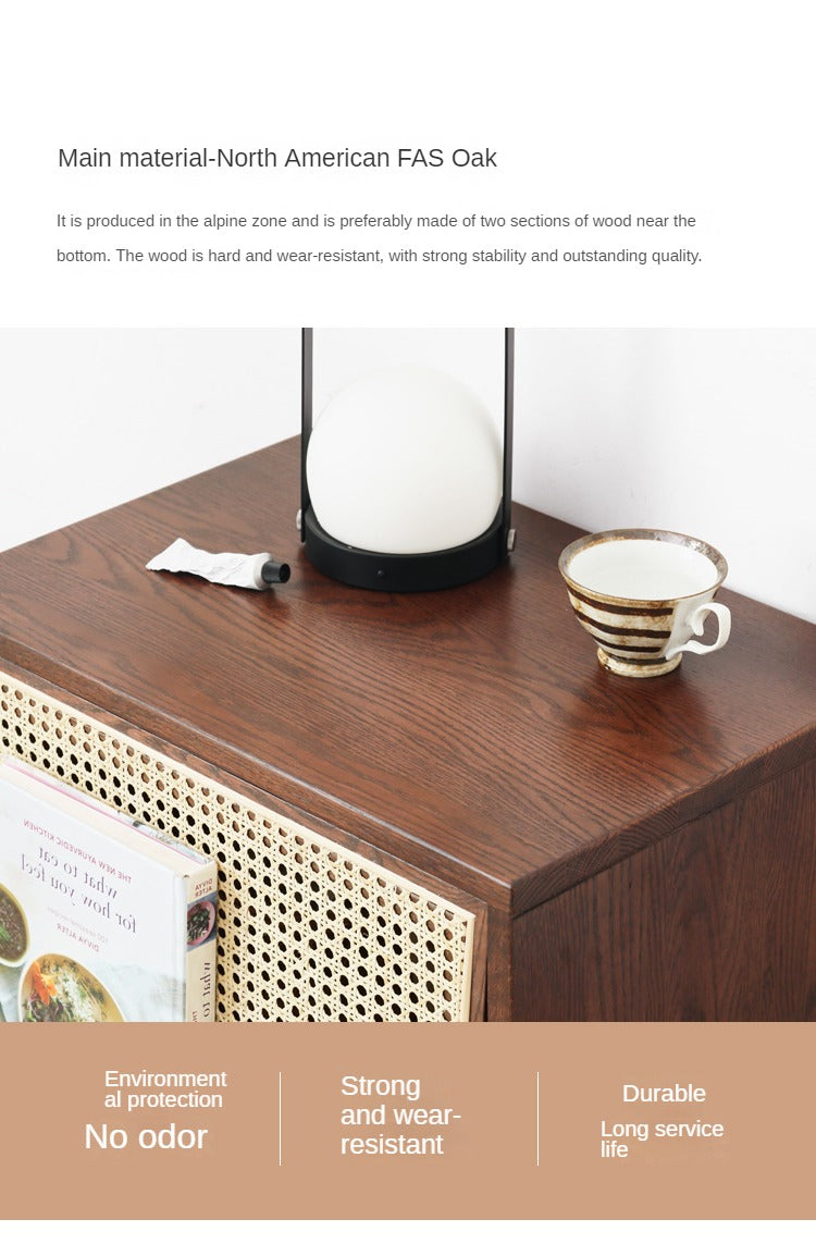 Solid Oak Wood Rattan Magazine Storage Cabinet - Stylish Organizer for Living Room, Bedroom, or Office Décor