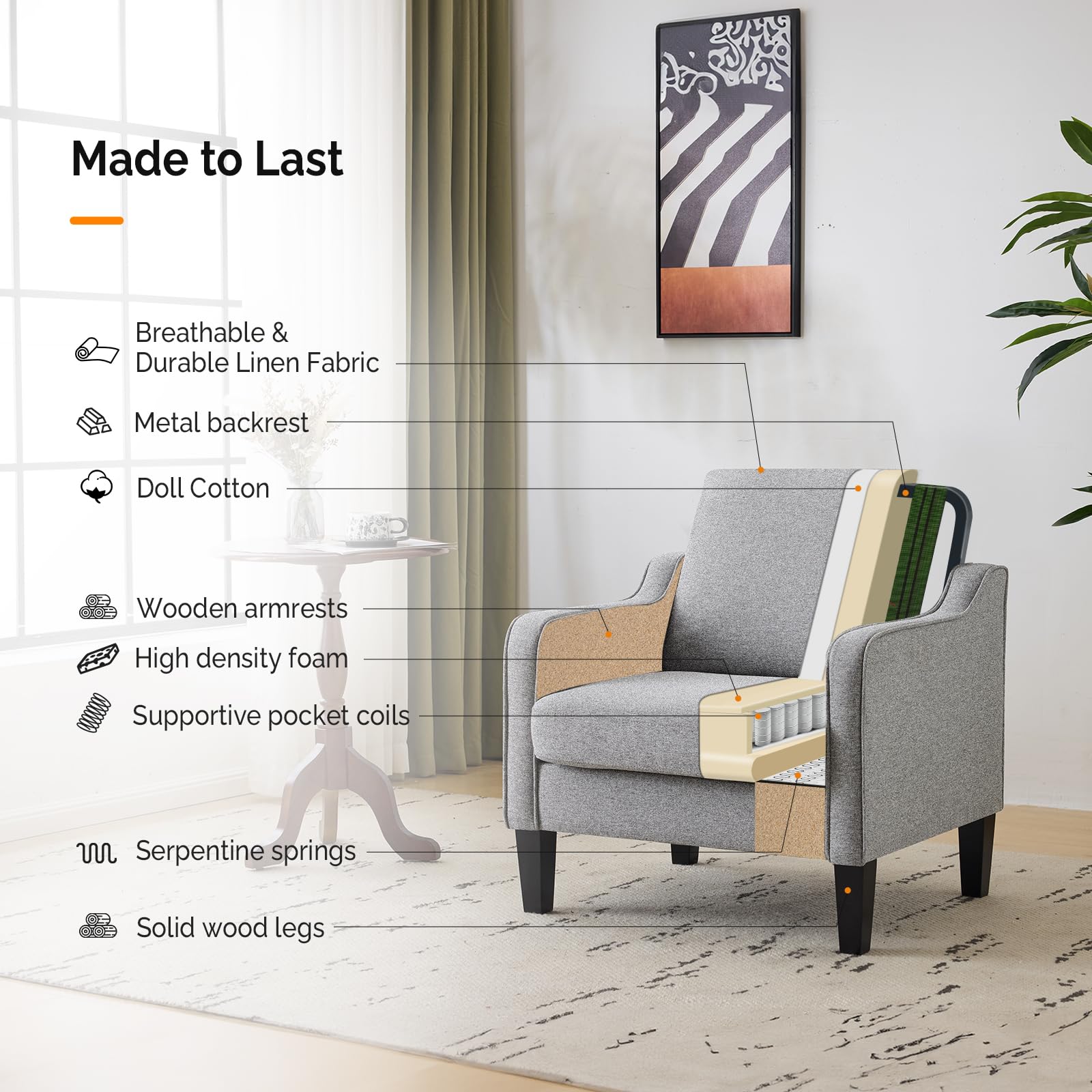 VINGLI Mid Century Modern Accent Chair - Upholstered Armchair with Scooped Arms for Living Room, Bedroom, Apartment, Office | Comfortable Lounge Chair for Reading, Relaxing & Waiting Areas