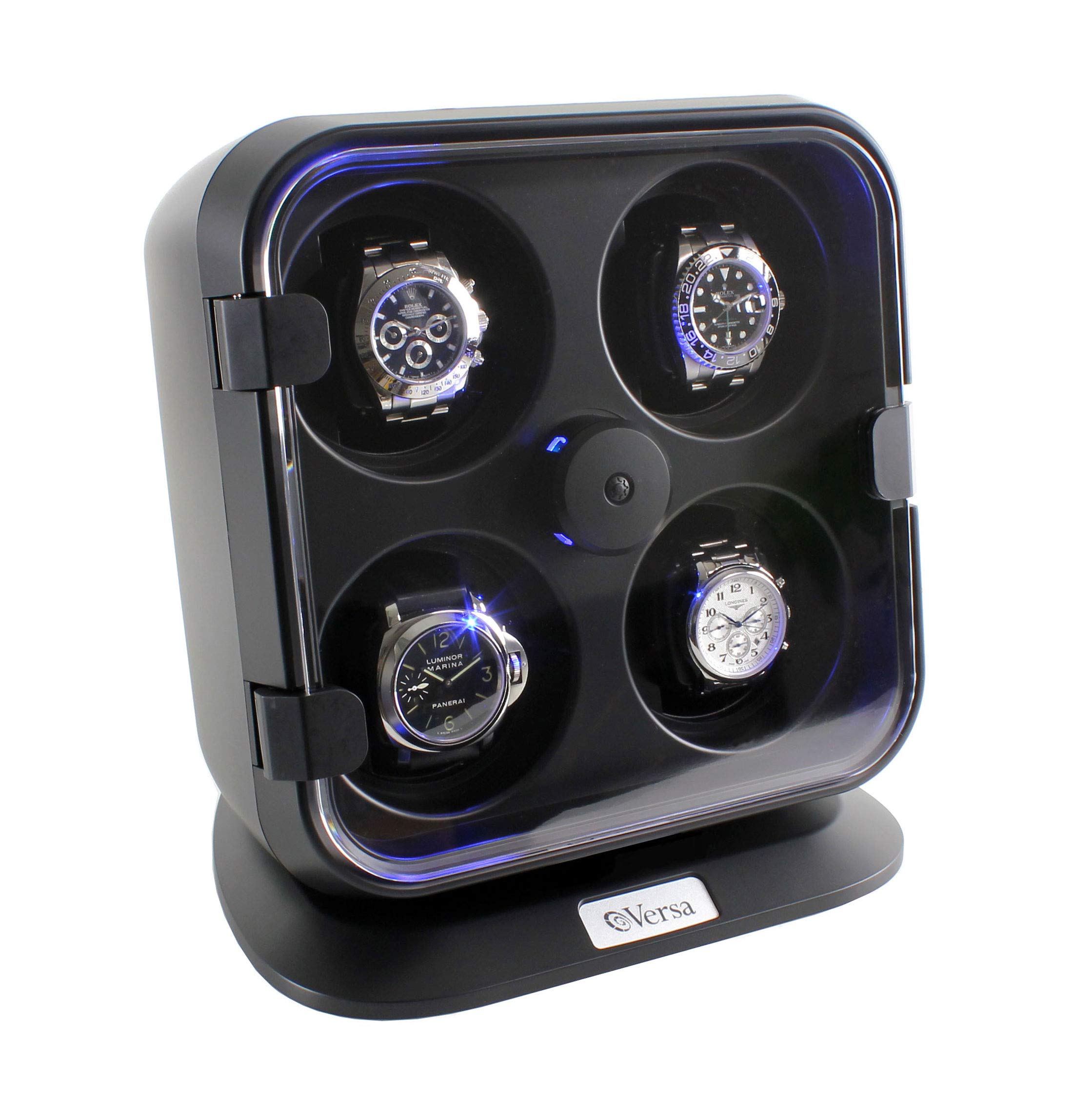 Versa Quad Watch Winder with LED Light - Black | 12 Independent Rotation Modes & Timer Settings | Adjustable Watch Pillows for Large Watches | Anti-Magnetic Design | Perfect for Watch Collectors & Luxury Timepiece Storage