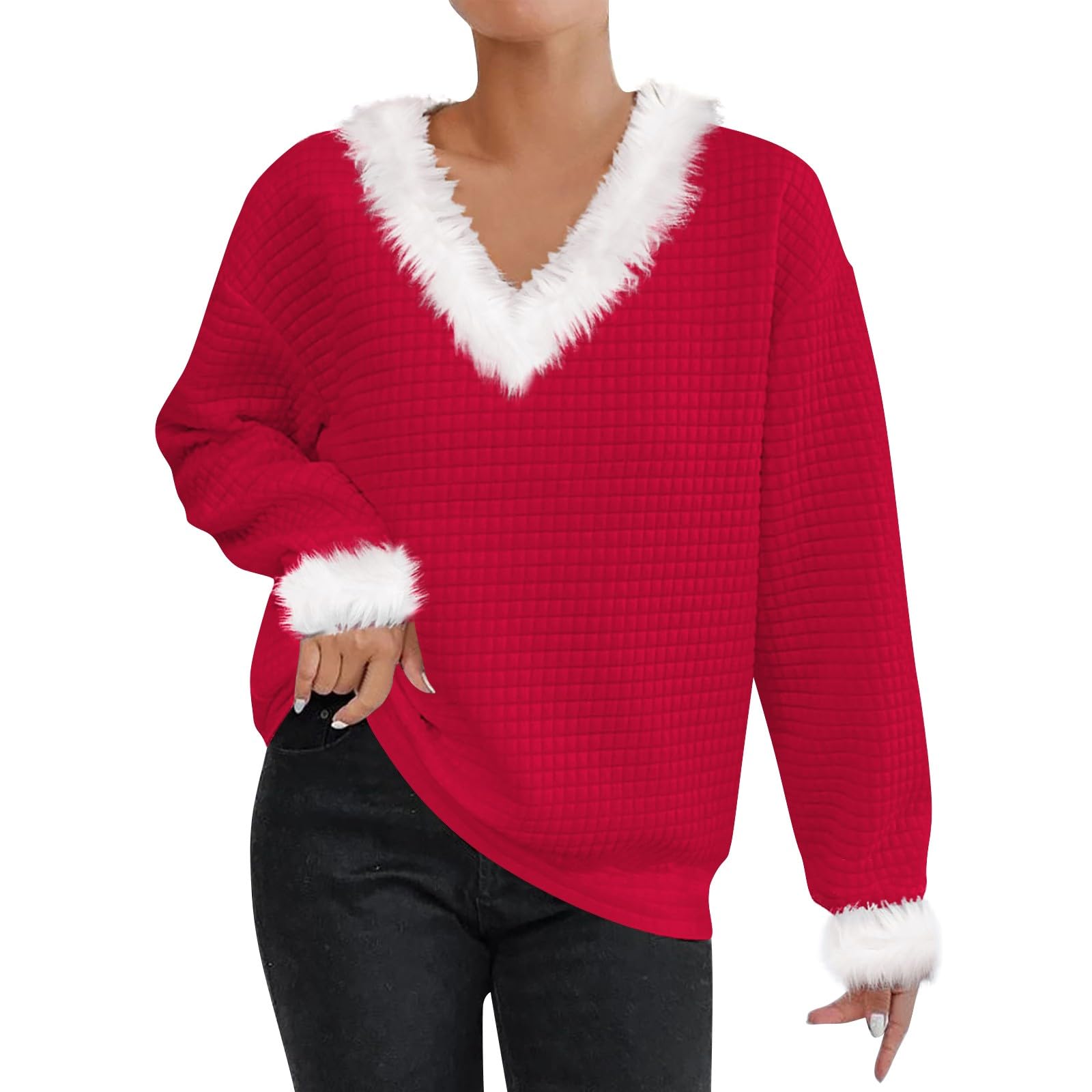 Women's Waffle Knit Christmas Sweater with Faux Fur Trim - Oversized Holiday Hoodie Pullover & Tunic Top for Cozy Winter Outfits | Perfect for Christmas Parties, Family Gatherings & Festive Photo Shoots