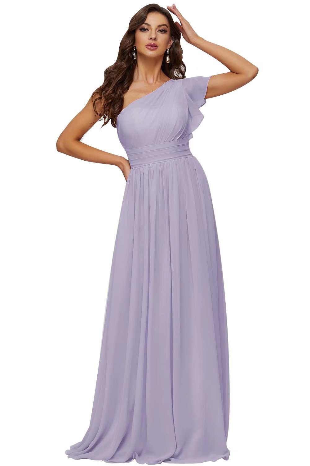 Elegant One Shoulder Bridesmaid Dress with Long Ruffle Sleeves - Chiffon Pleated Wedding Guest Gown for Women - Perfect for Weddings, Proms & Formal Events