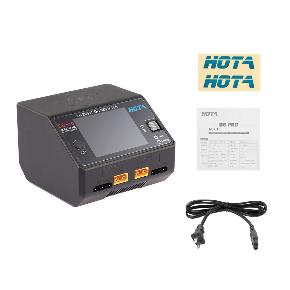 HOTA D6 Pro 200W AC/650W DC Lipo Battery Charger - 15A for LiHv, NiCd, NiMH Batteries with Balance & Phone Wireless Charging - Perfect for RC Cars, Drones, and Hobby Parts
