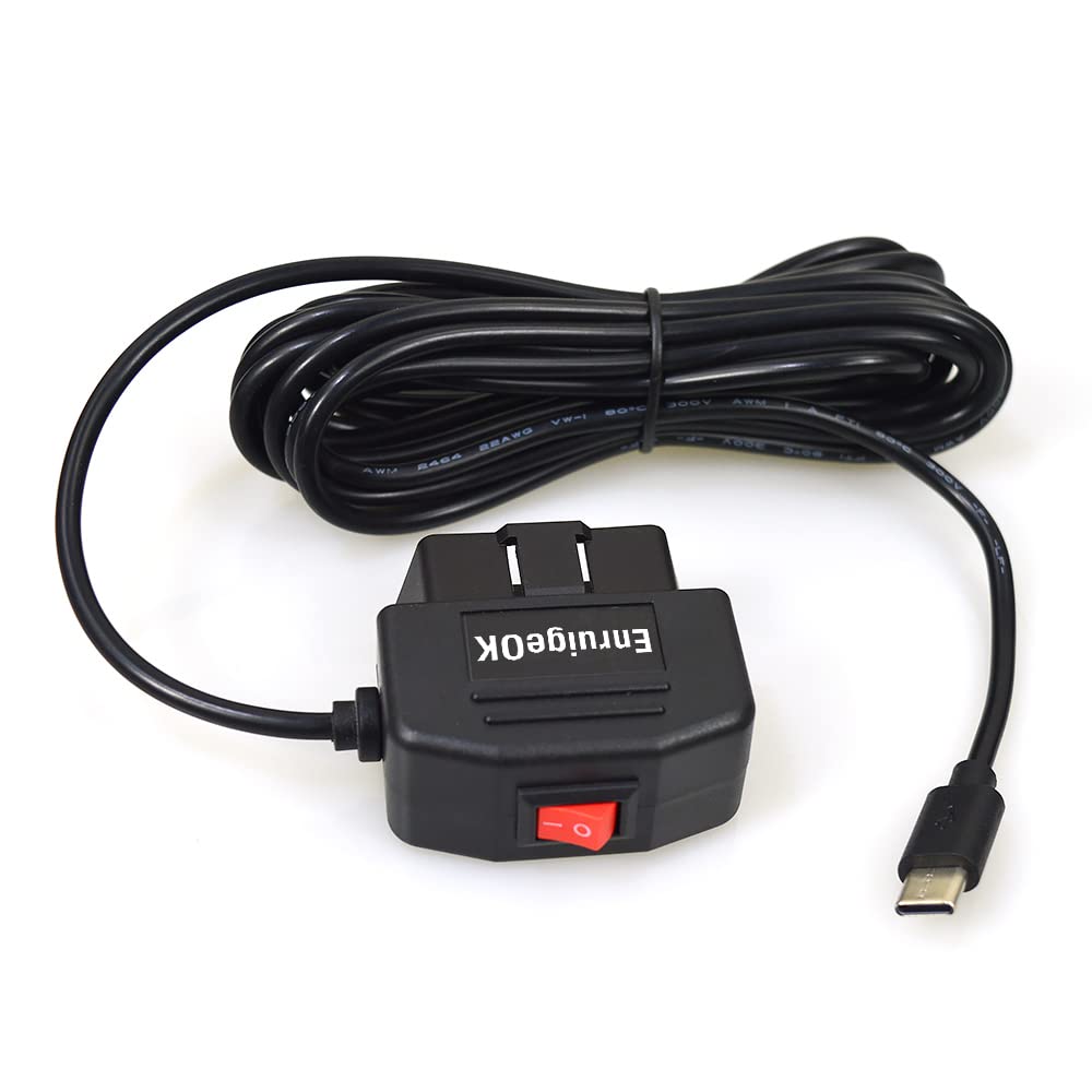 Universal OBD OBD2 Power Cable for Dash Camera - 24/7 Surveillance & Acc Mode with Switch Button, 3Pin OBDII Adapter Hardwire Charger (12-26V to 5V 2.5A) USB-C Port - Perfect for Continuous Car Recording & Parking Mode (Black)
