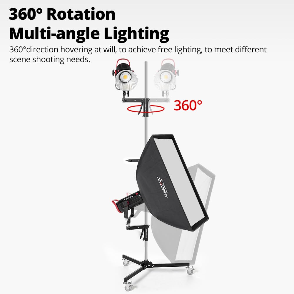 AMBITFUL 7.8Ft Wheeled Mobile Light Stand for Studio Photography - 94 Inch Adjustable Grip Stand Compatible with Strobe & LED Lights - Perfect for YouTube, TikTok & Portrait Shooting