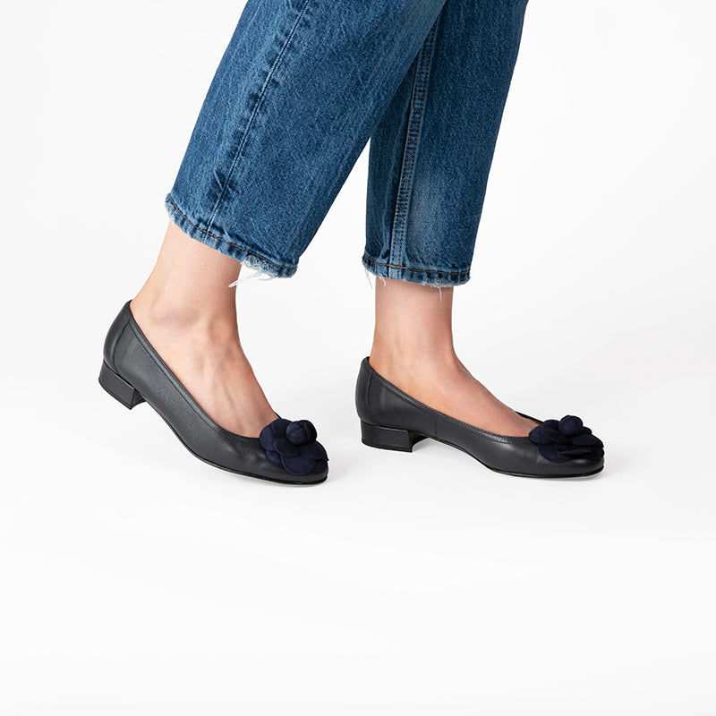 Fabucci Women's Navy Blue Leather Ballet Flats with Floral Embellishment - Comfortable & Stylish for Work, Travel & Casual Outings