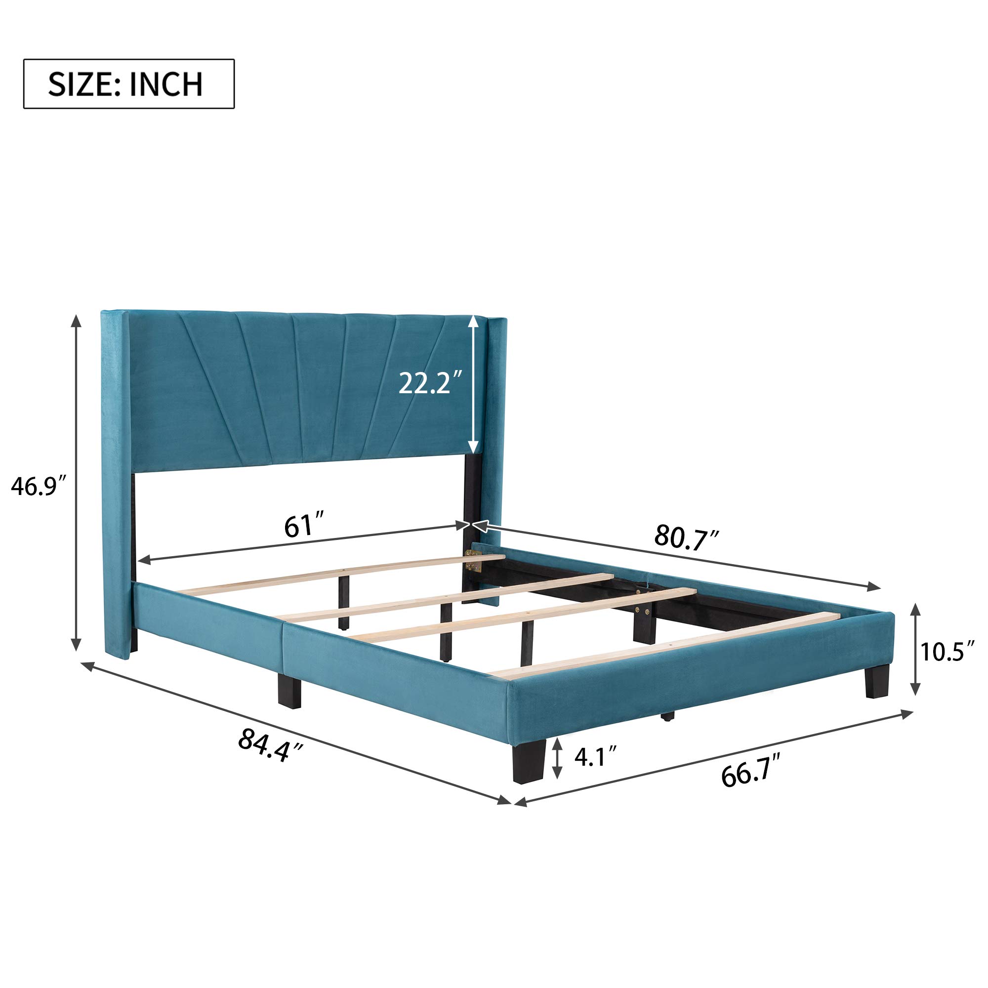 Blue Velvet Upholstered Queen Platform Bed Frame with Wooden Slats & Stylish Headboard - Modern Bedroom Furniture for Guest Rooms & Master Suites | Queen Size Bed with Luxurious Velvet Fabric for Elegant Home Decor