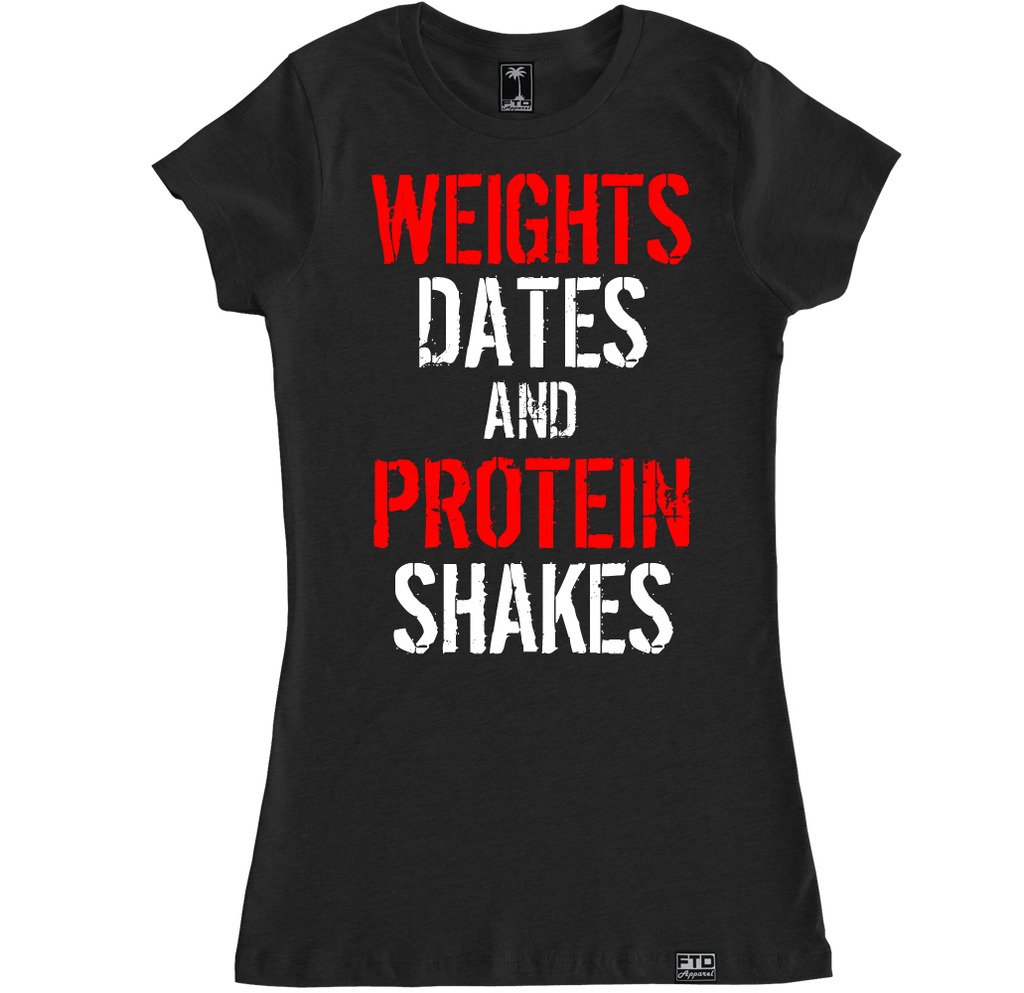FTD Apparel Women's Funny Gym Workout T-Shirt - Weights Dates & Protein Shakes Graphic Tee - Perfect for Fitness Lovers & Gym Enthusiasts
