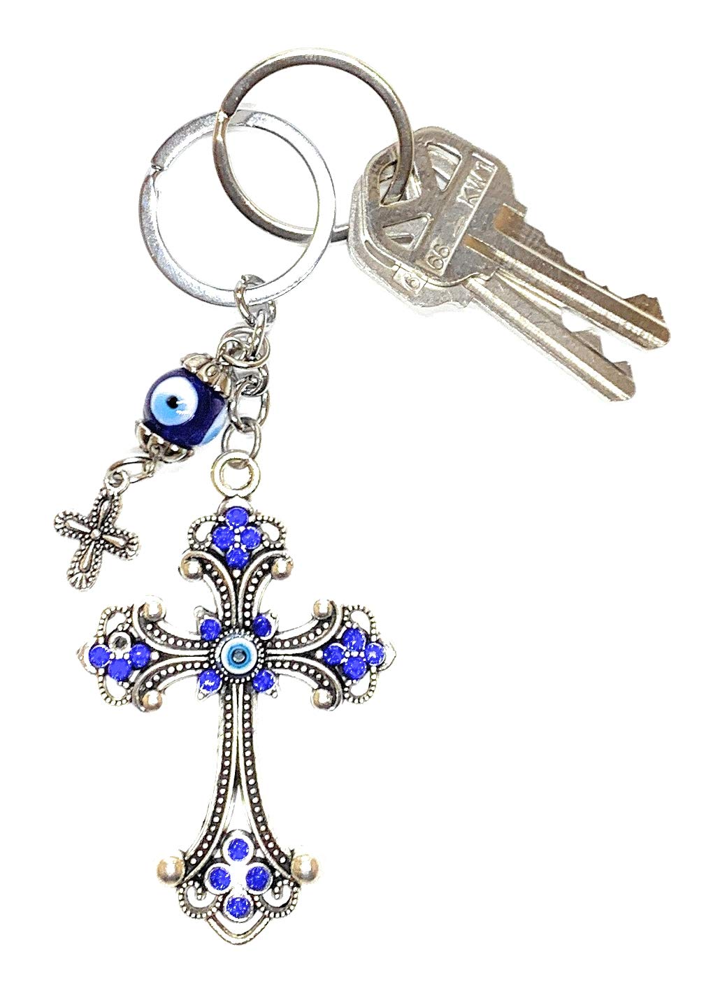 Evil Eye Car Hanging Ornament & Keychain - Silver Cross with Blue Crystal Rhinestones & Resin Charm for Good Luck & Protection | Perfect for Car, Home, Office, Purse & Gift Giving
